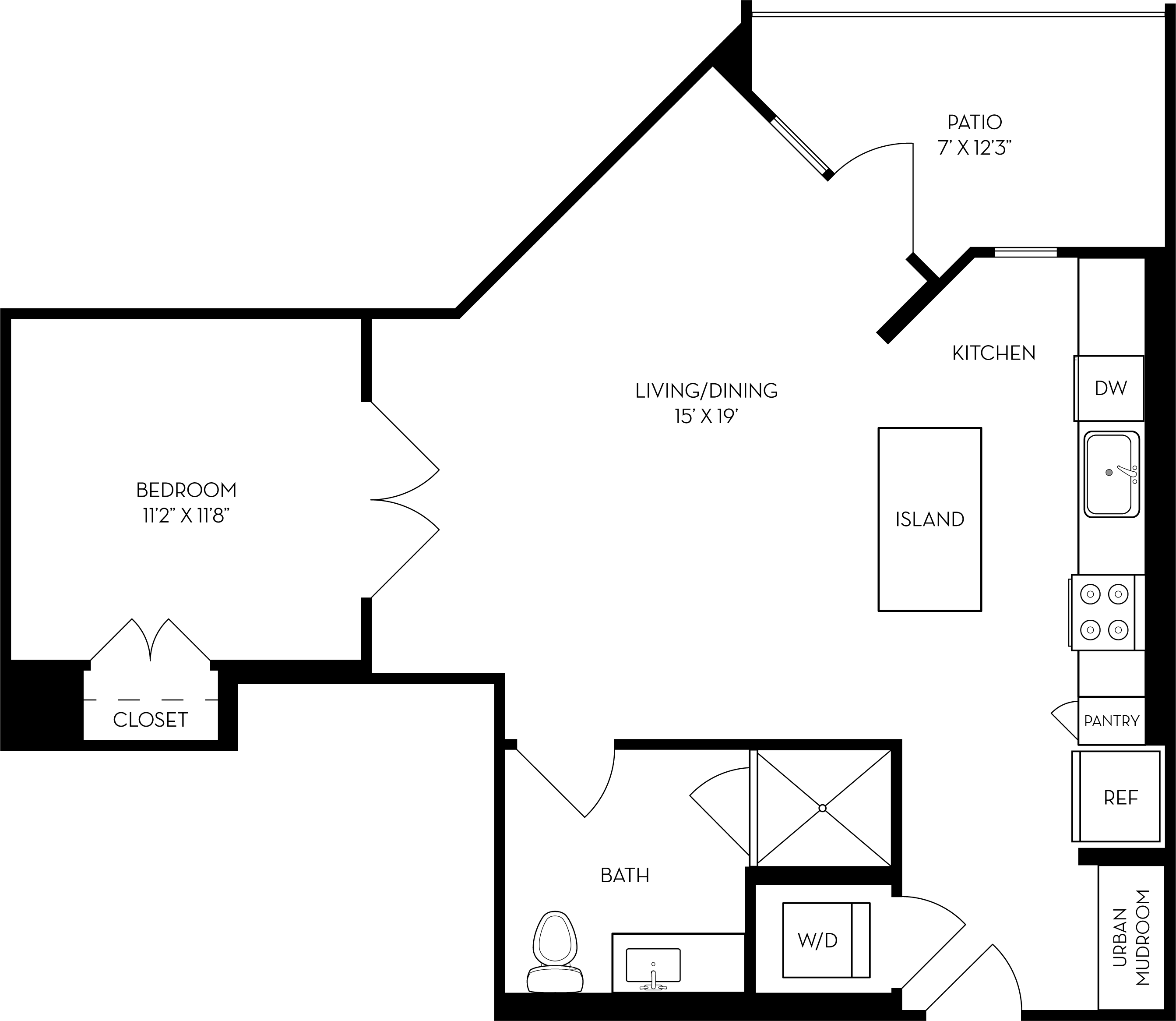 Rendering of the 1D floor plan with 1 bedroom[s] and 1 bathroom[s] at The Wyatt