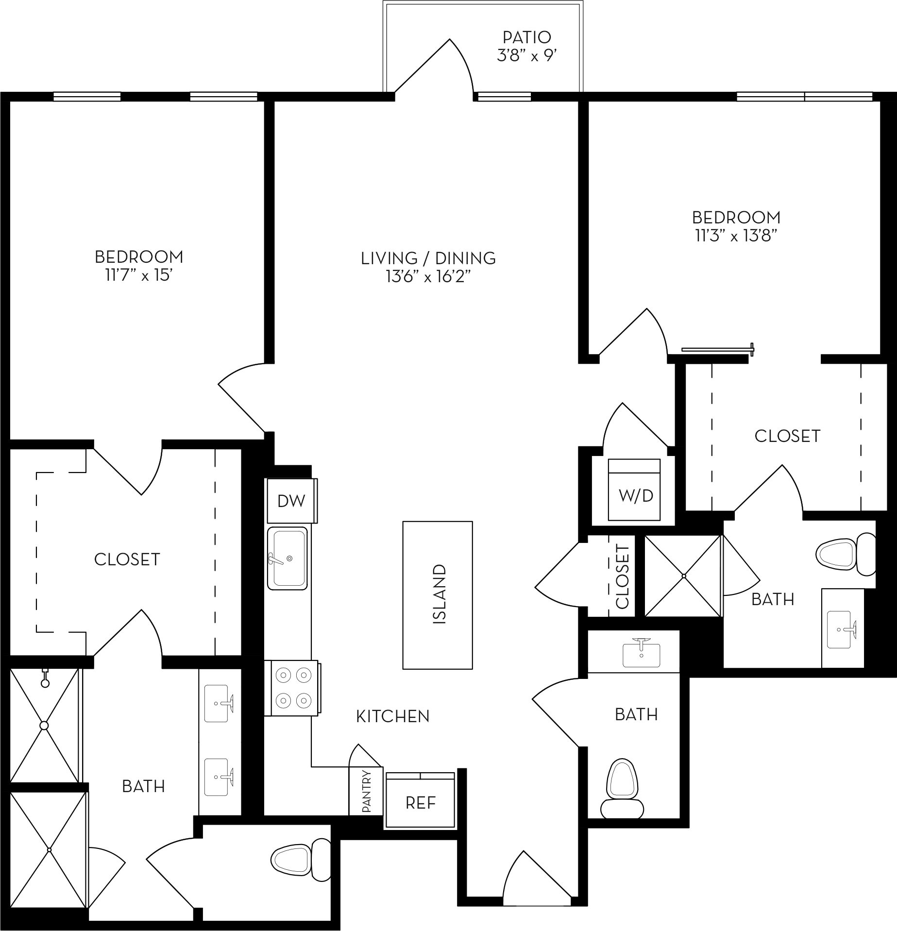 Rendering of the 2C floor plan with 2 bedroom[s] and 2.5 bathroom[s] at The Wyatt