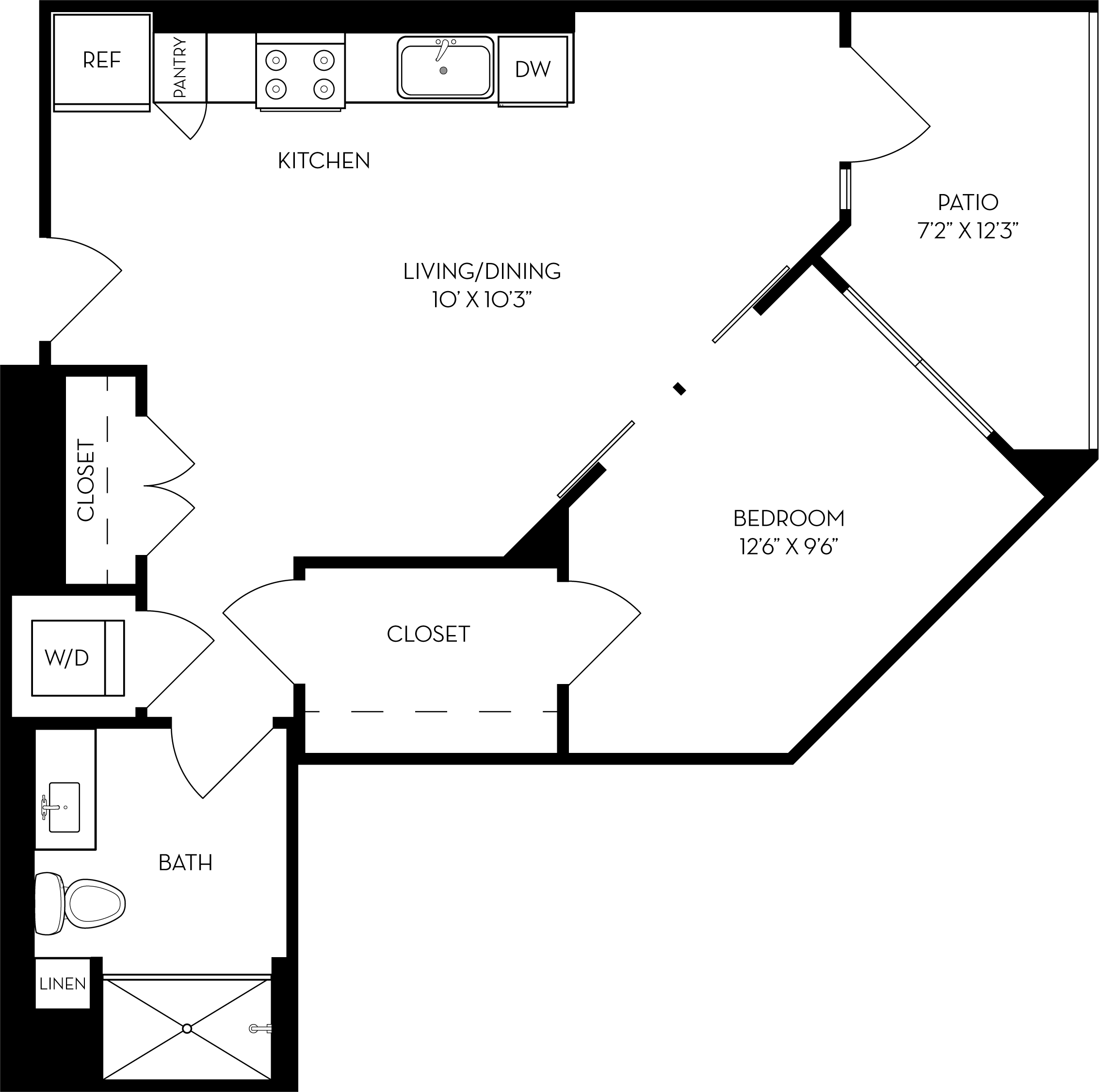 Rendering of the SDJ floor plan with 1 bedroom[s] and 1 bathroom[s] at The Wyatt