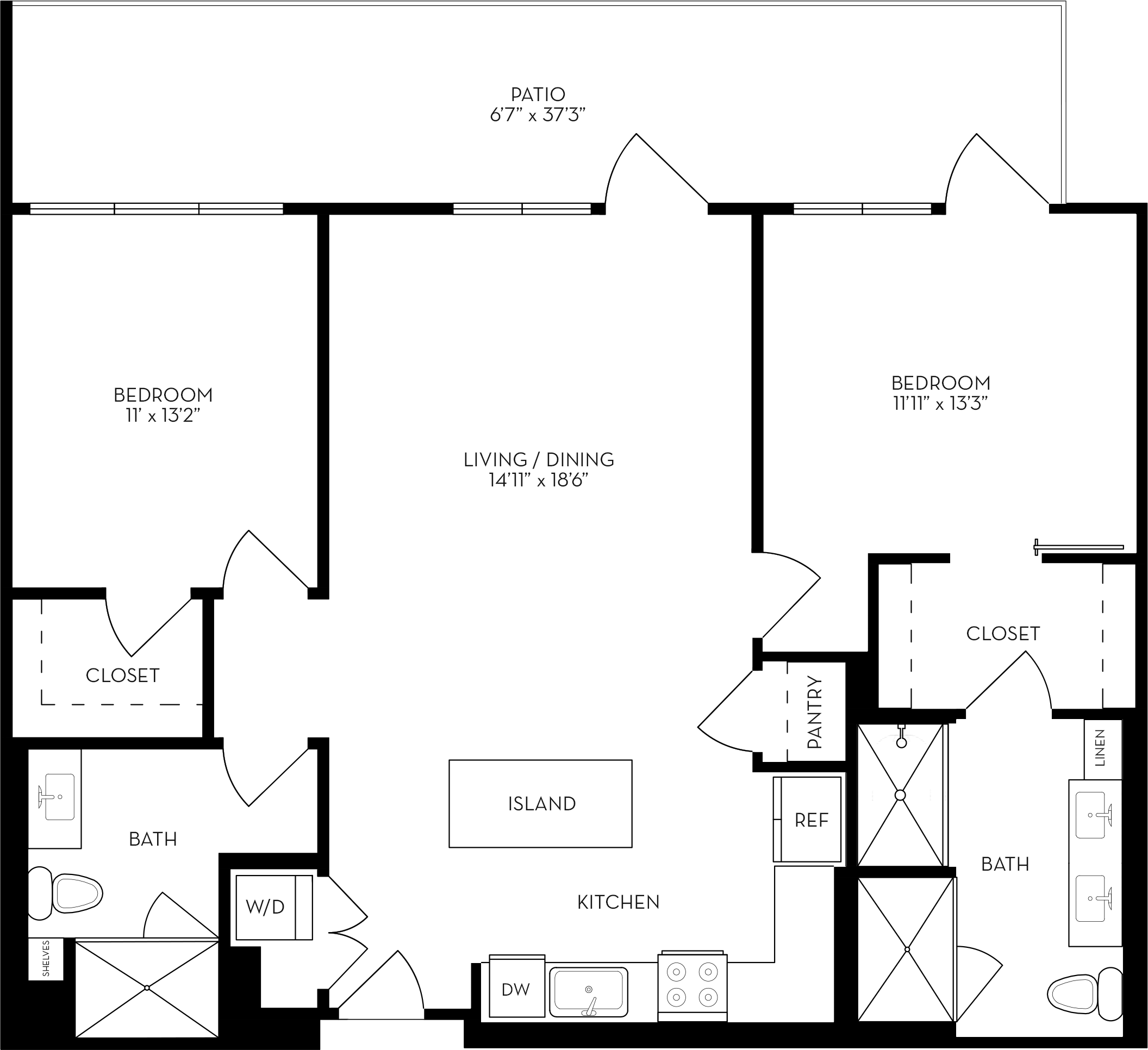 Rendering of the 2Q floor plan with 2 bedroom[s] and 2 bathroom[s] at The Wyatt