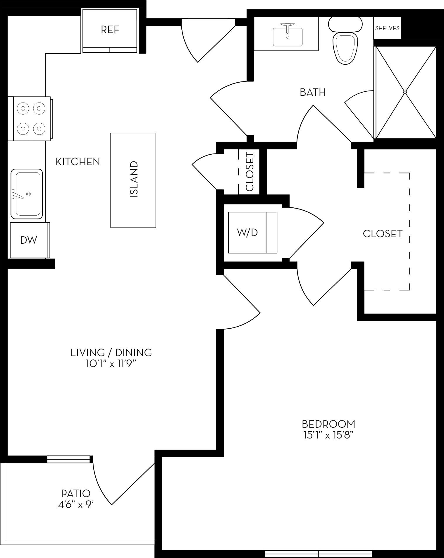 Rendering of the 1H floor plan with 1 bedroom[s] and 1 bathroom[s] at The Wyatt