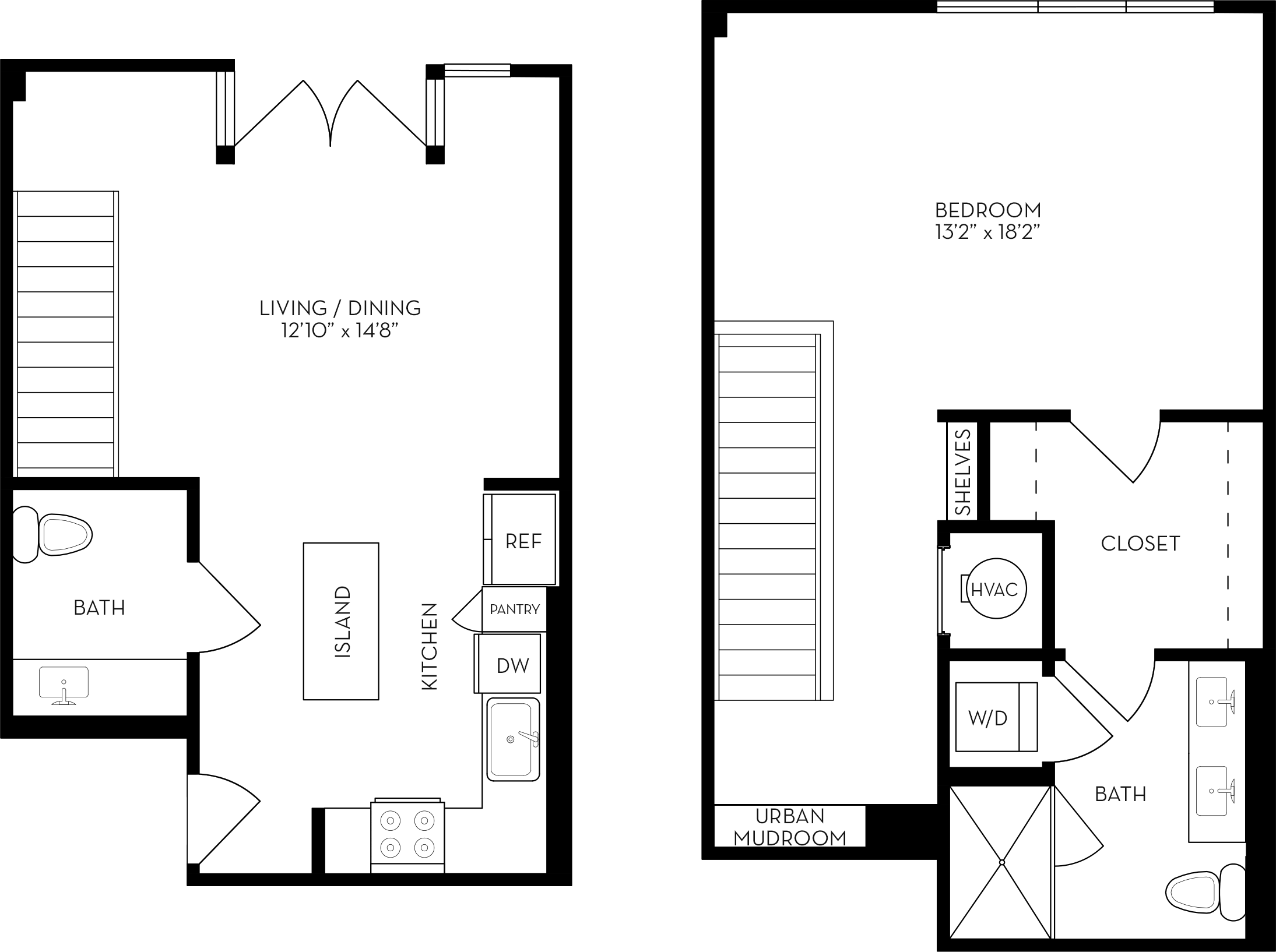 Rendering of the UL2 floor plan with 1 bedroom[s] and 1.5 bathroom[s] at The Wyatt