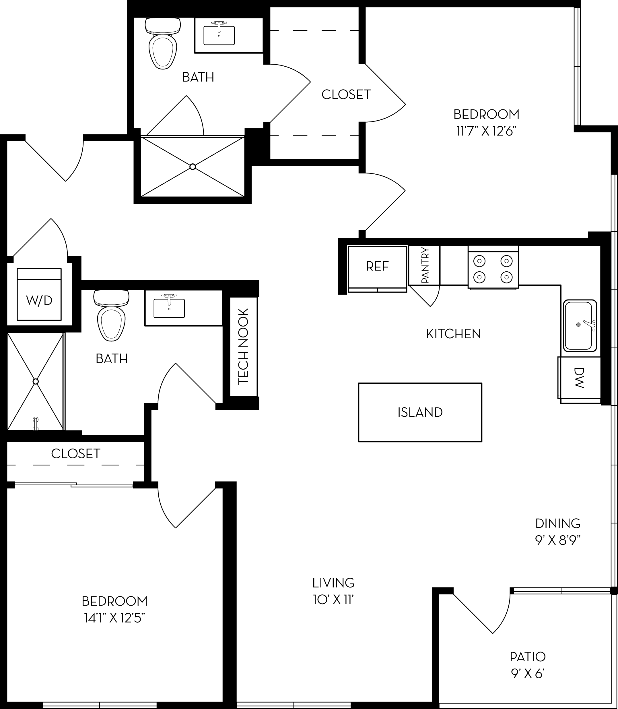 Rendering of the 2E floor plan with 2 bedroom[s] and 2 bathroom[s] at The Wyatt