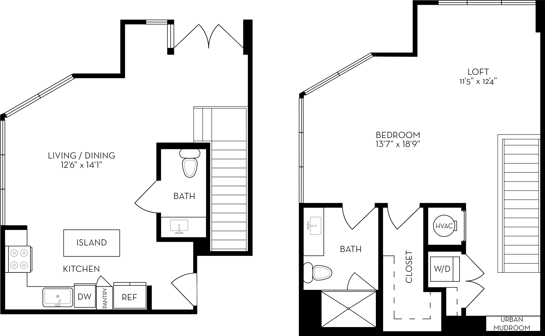 Rendering of the UL3 floor plan with 1 bedroom[s] and 1.5 bathroom[s] at The Wyatt