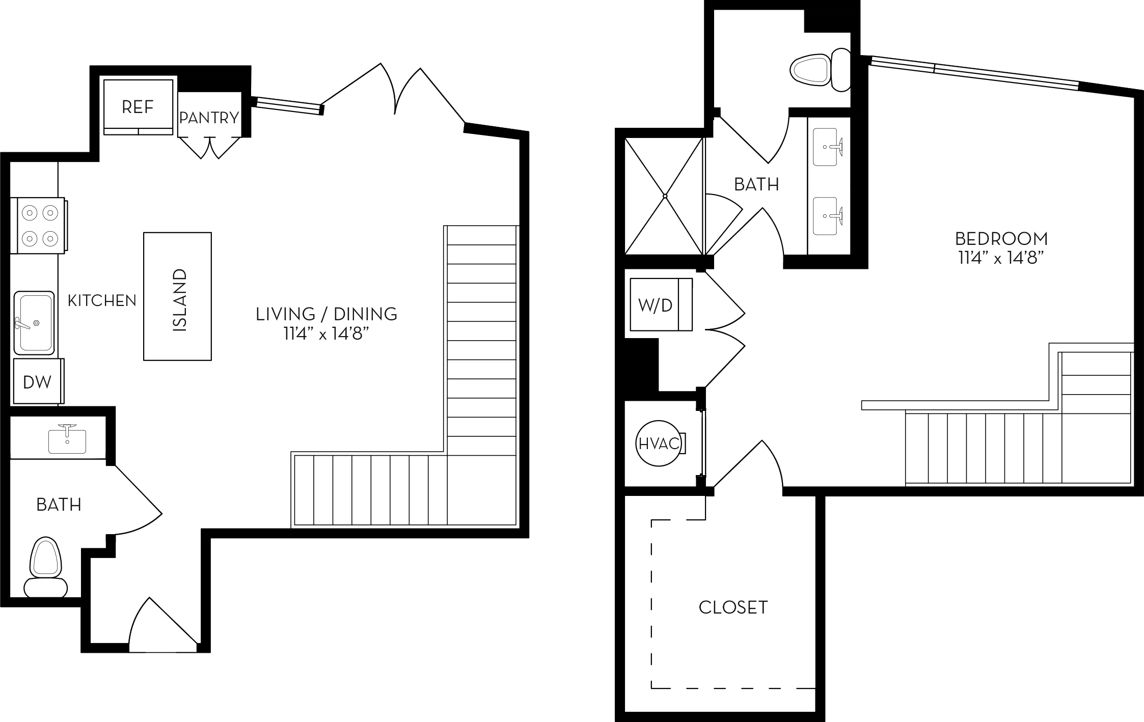 Rendering of the UL1 floor plan with 1 bedroom[s] and 1.5 bathroom[s] at The Wyatt