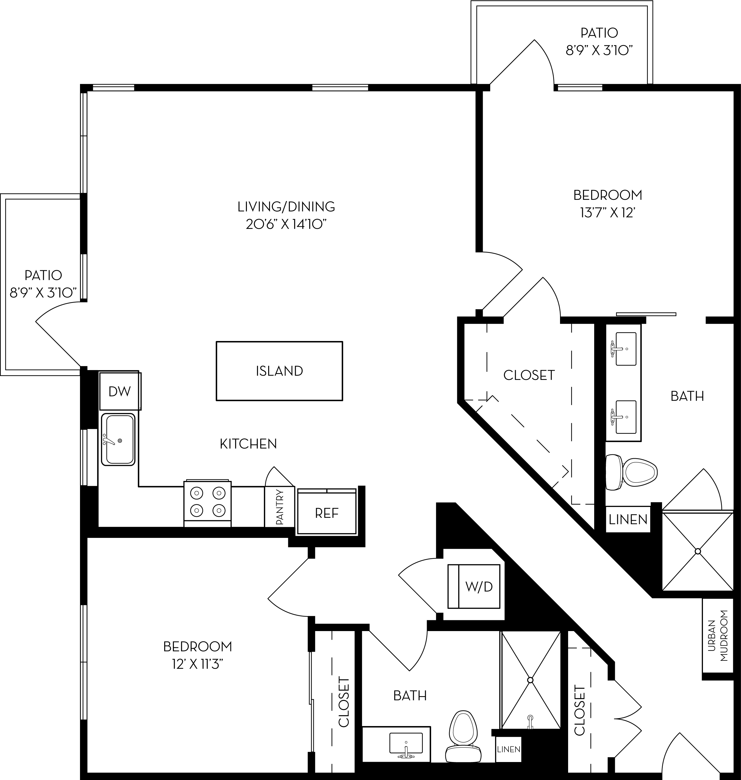 Rendering of the 2H floor plan with 2 bedroom[s] and 2 bathroom[s] at The Wyatt