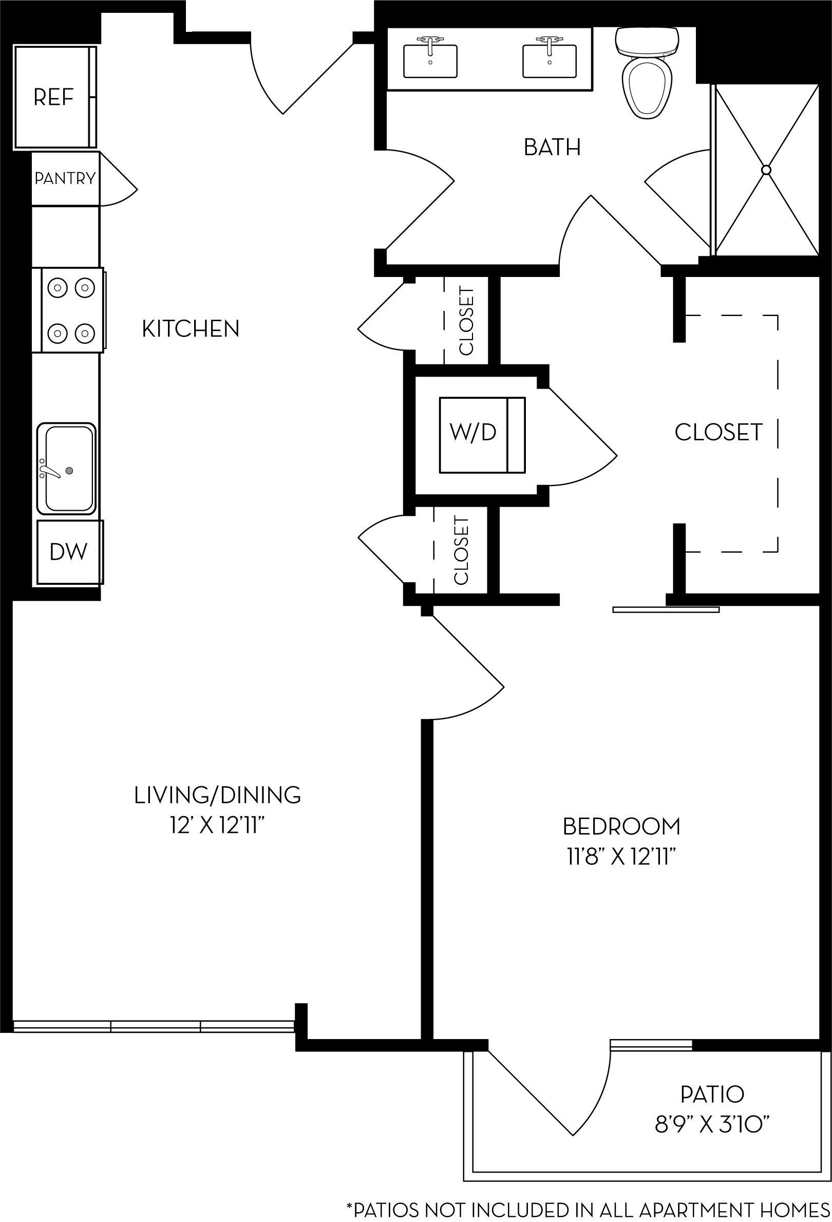 Rendering of the 1A1 floor plan with 1 bedroom[s] and 1 bathroom[s] at The Wyatt