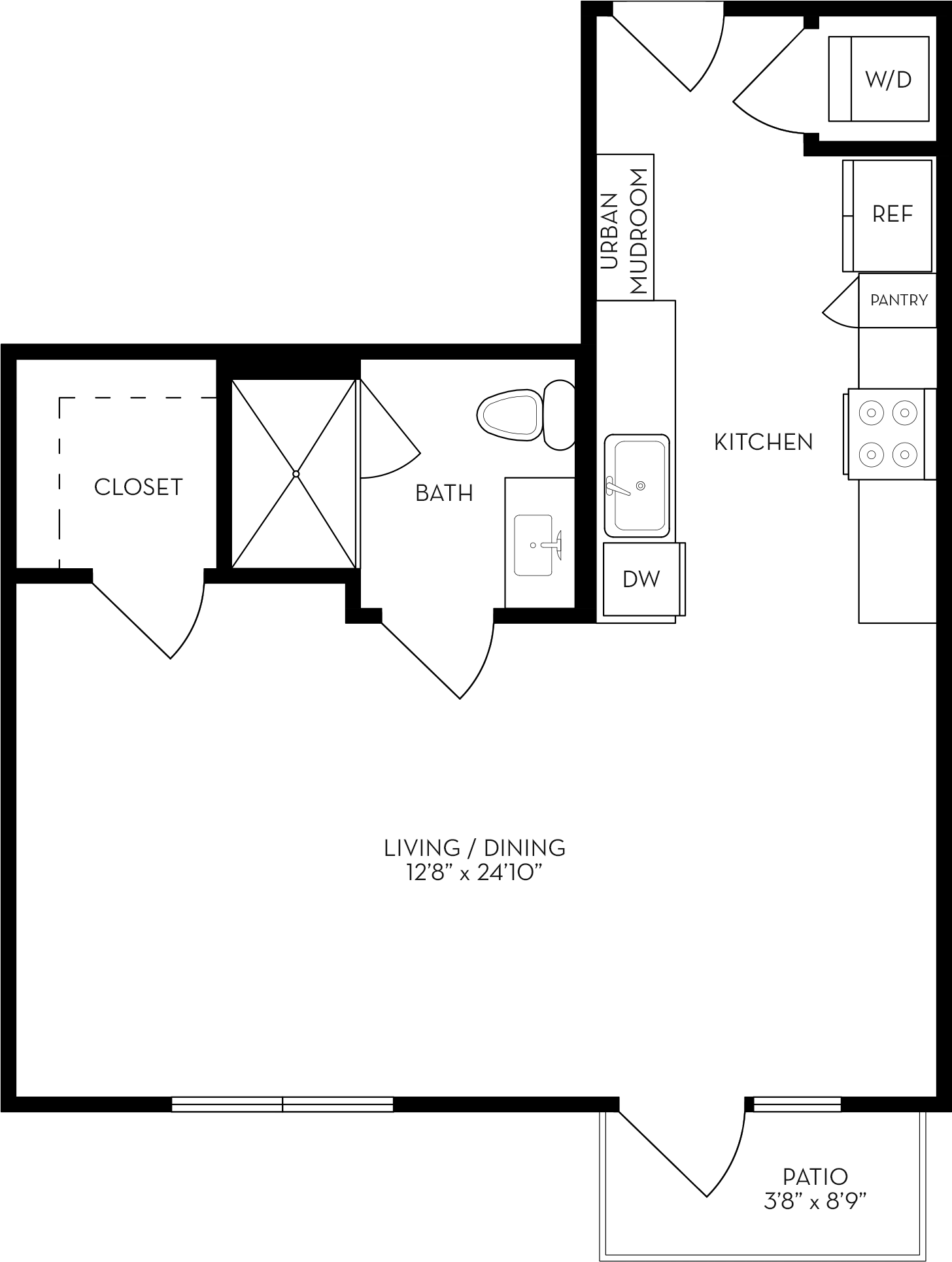 Rendering of the SL floor plan with a Studio bedroom and 1 bathroom[s] at The Wyatt
