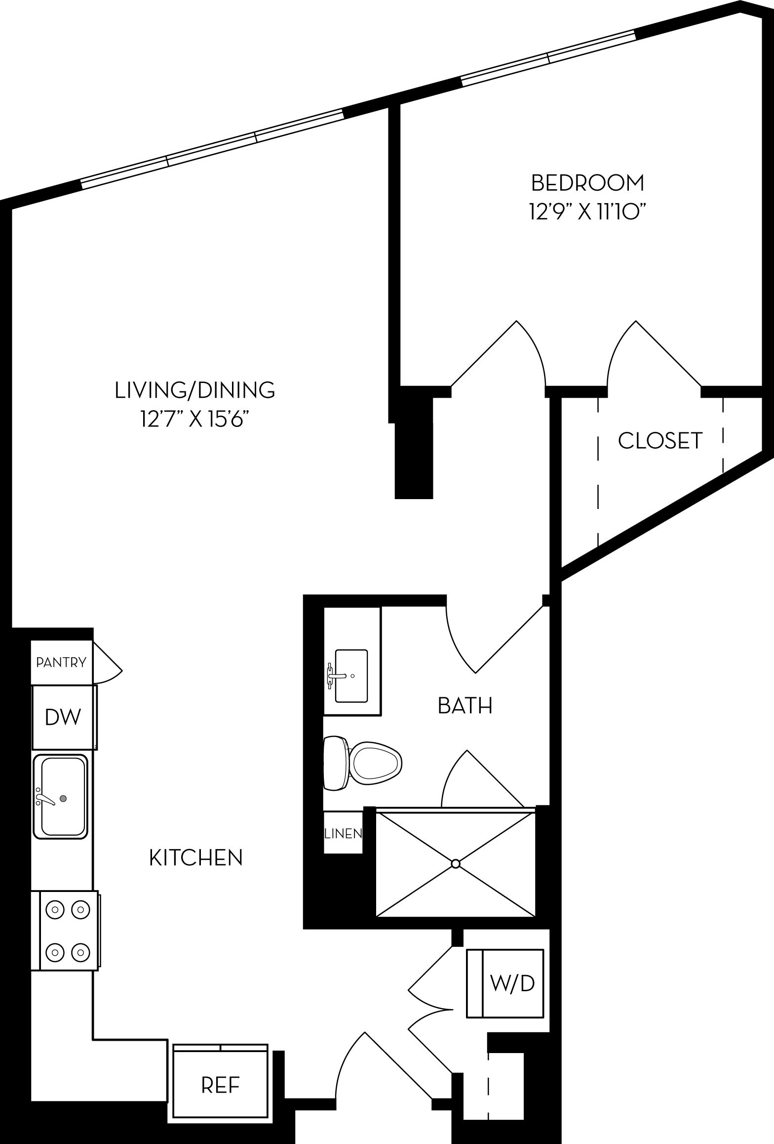Rendering of the 1B4 floor plan with 1 bedroom[s] and 1 bathroom[s] at The Wyatt