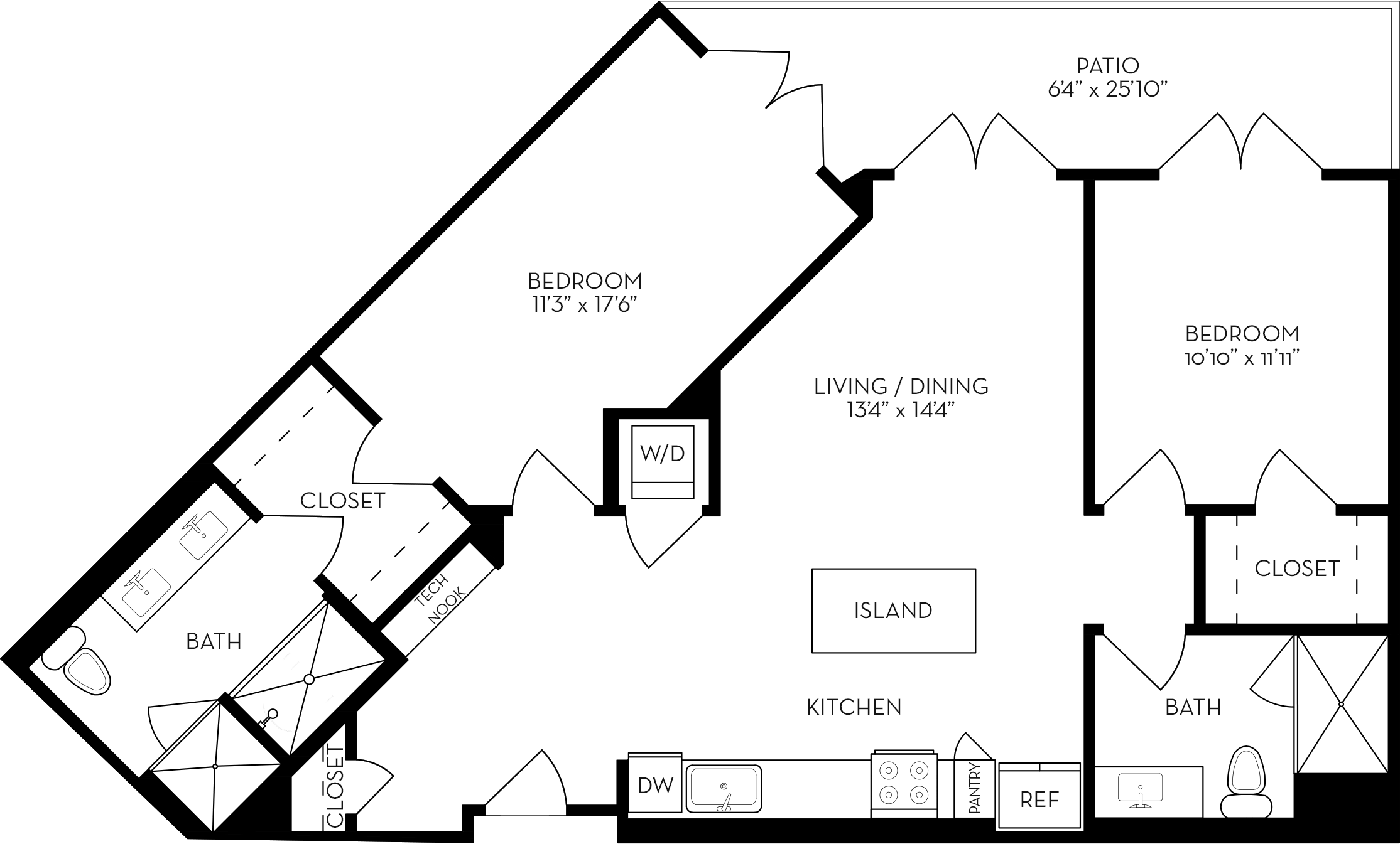 Rendering of the 2T floor plan with 2 bedroom[s] and 2 bathroom[s] at The Wyatt