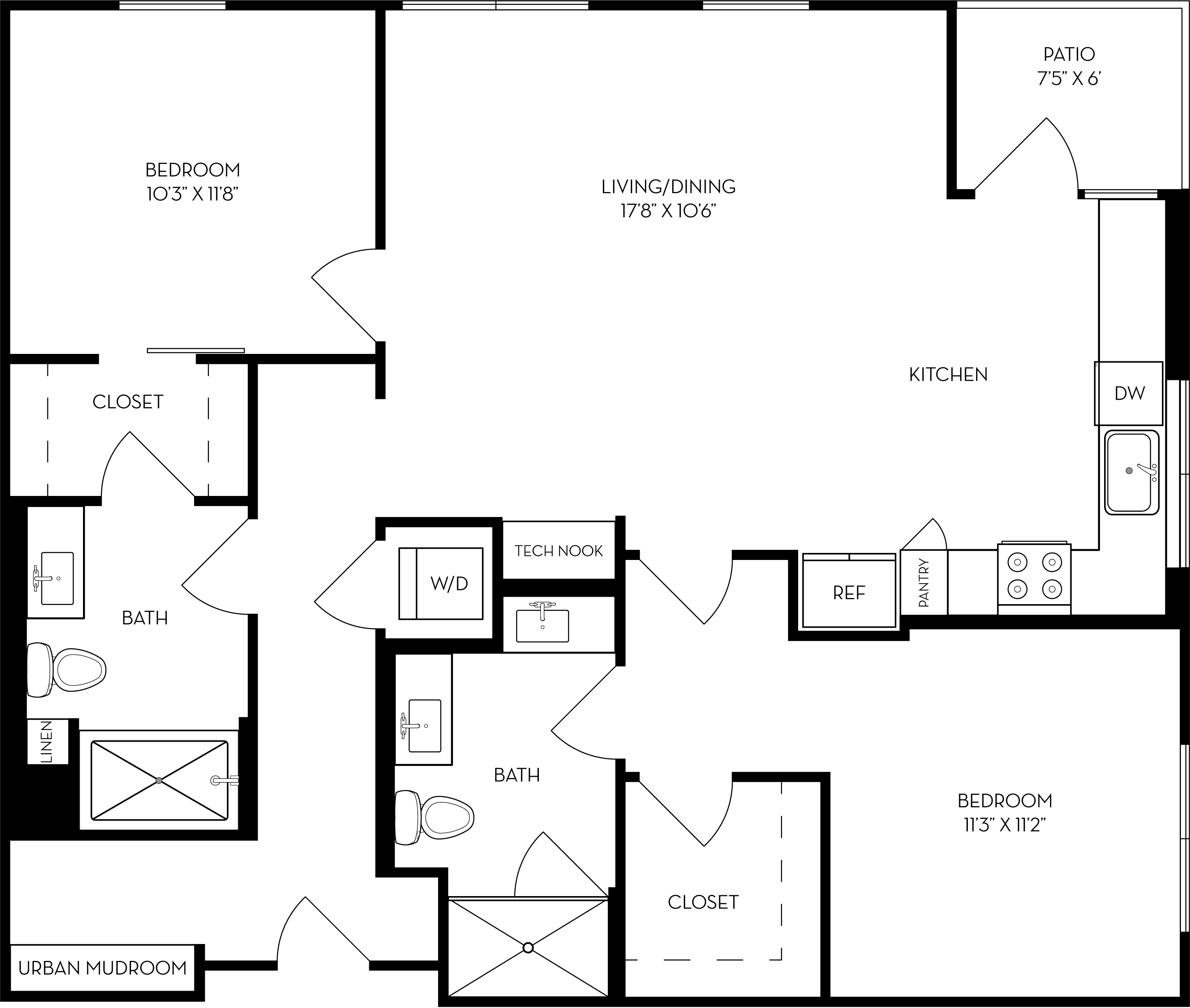 Rendering of the 2K floor plan with 2 bedroom[s] and 2 bathroom[s] at The Wyatt