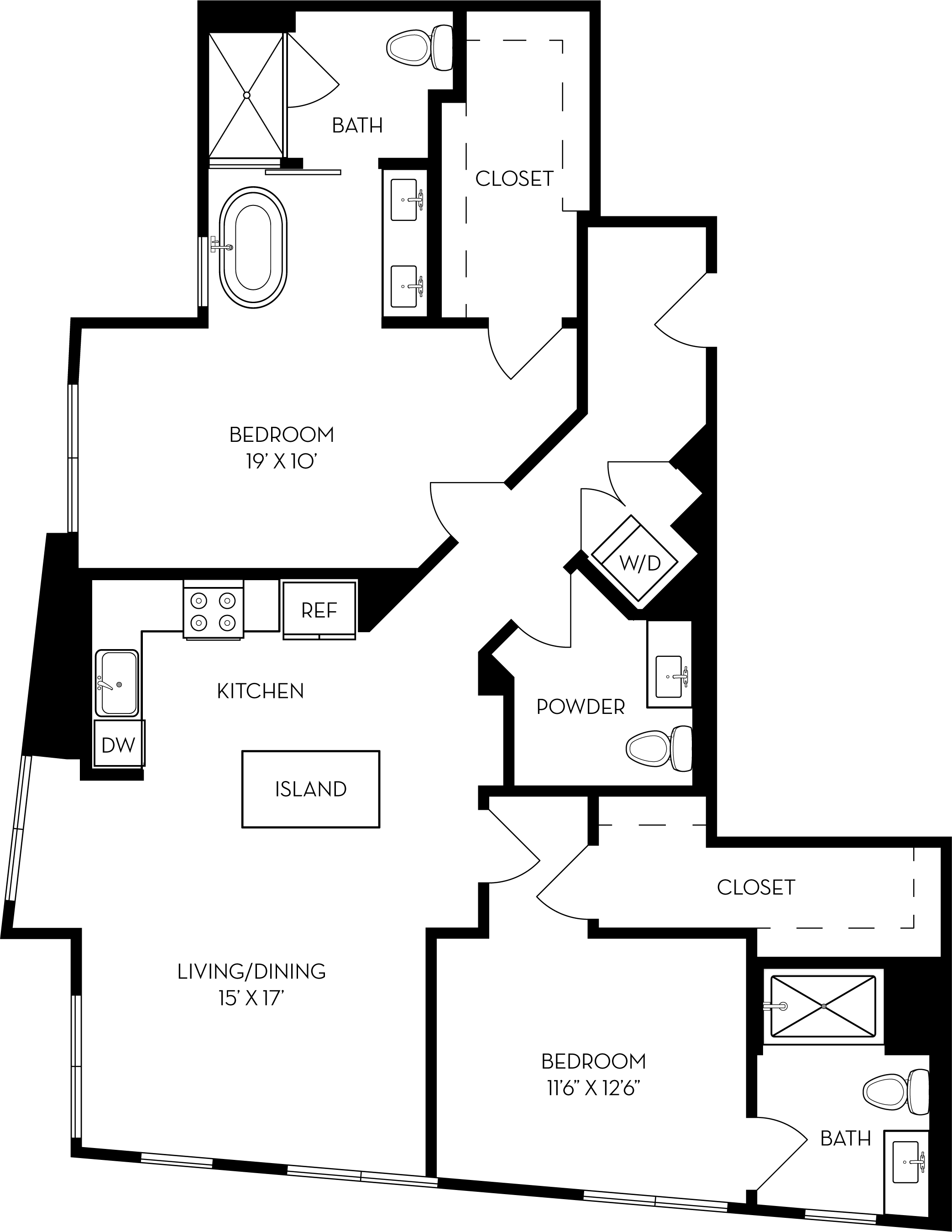 Rendering of the 2F floor plan with 2 bedroom[s] and 2.5 bathroom[s] at The Wyatt