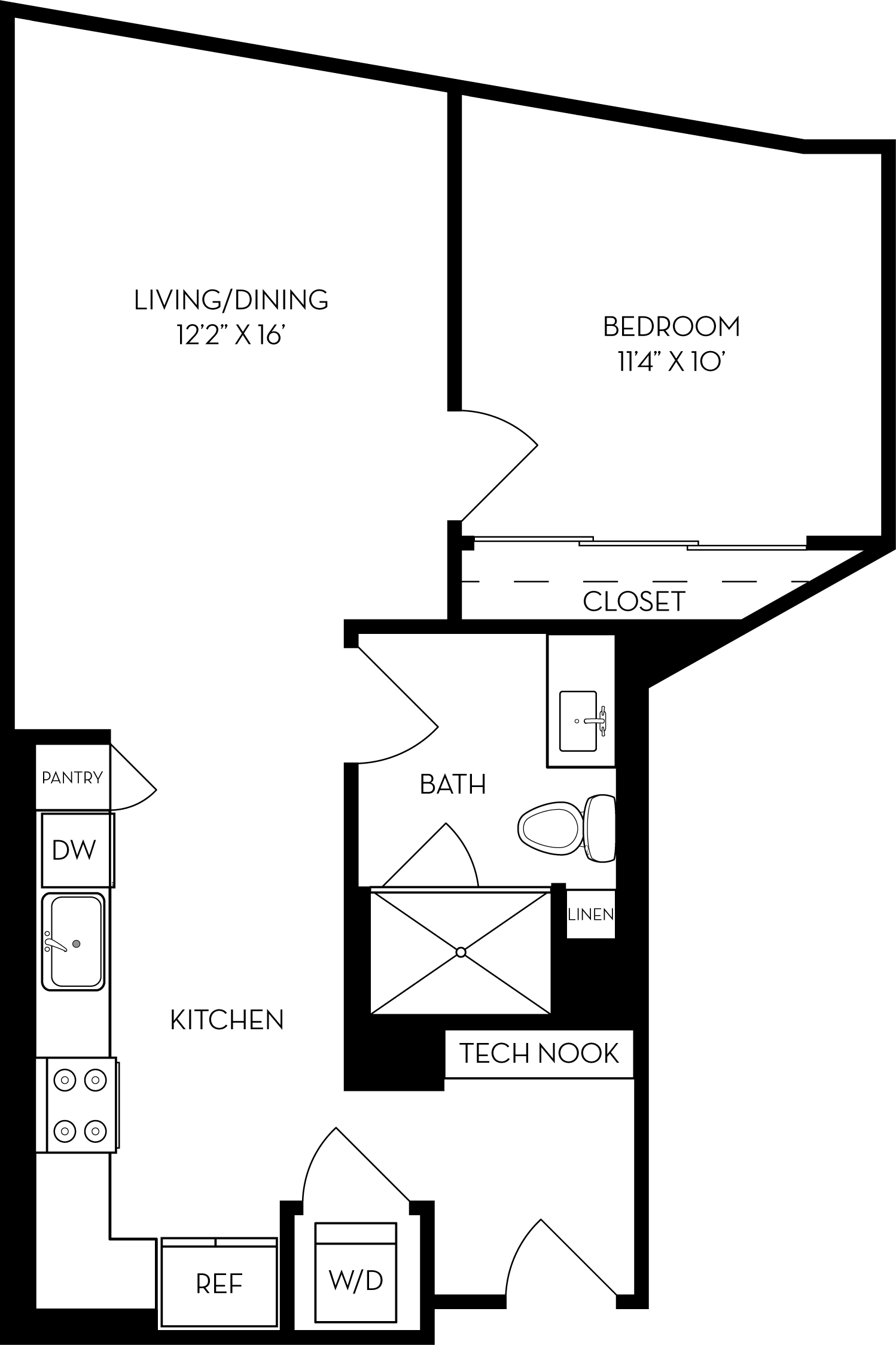 Rendering of the 1B3 floor plan with 1 bedroom[s] and 1 bathroom[s] at The Wyatt