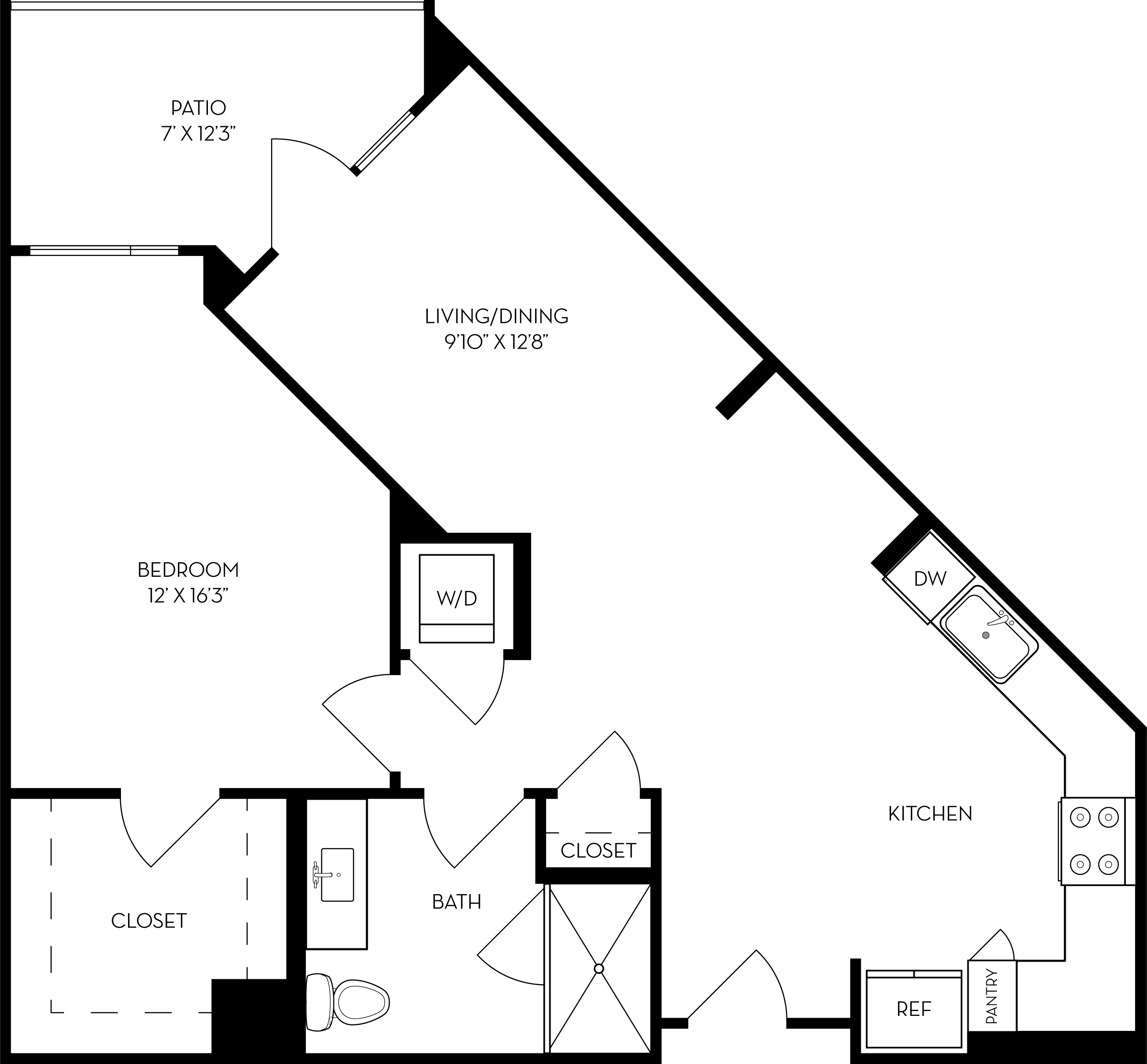 Rendering of the 1C2 floor plan with 1 bedroom[s] and 1 bathroom[s] at The Wyatt