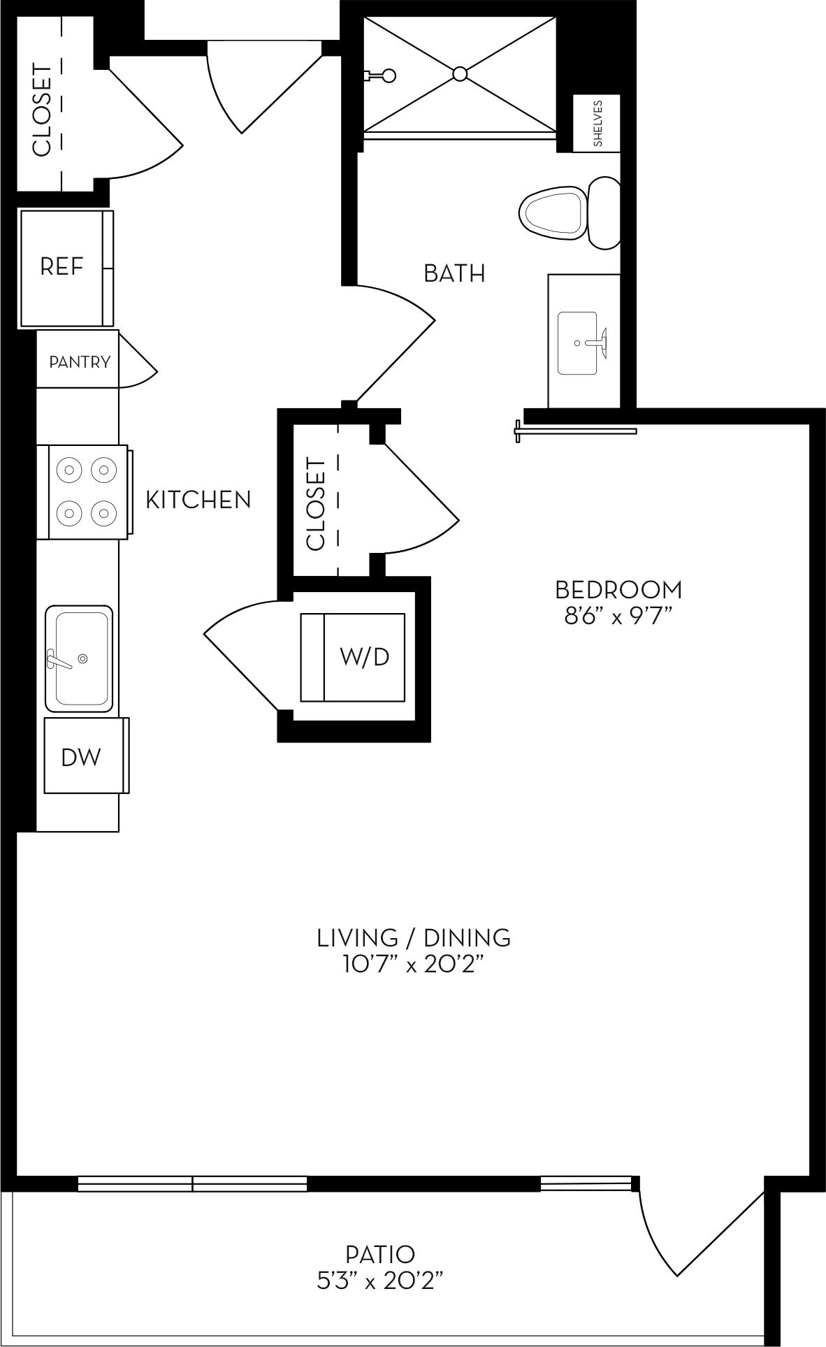 Rendering of the SE floor plan with a Studio bedroom and 1 bathroom[s] at The Wyatt