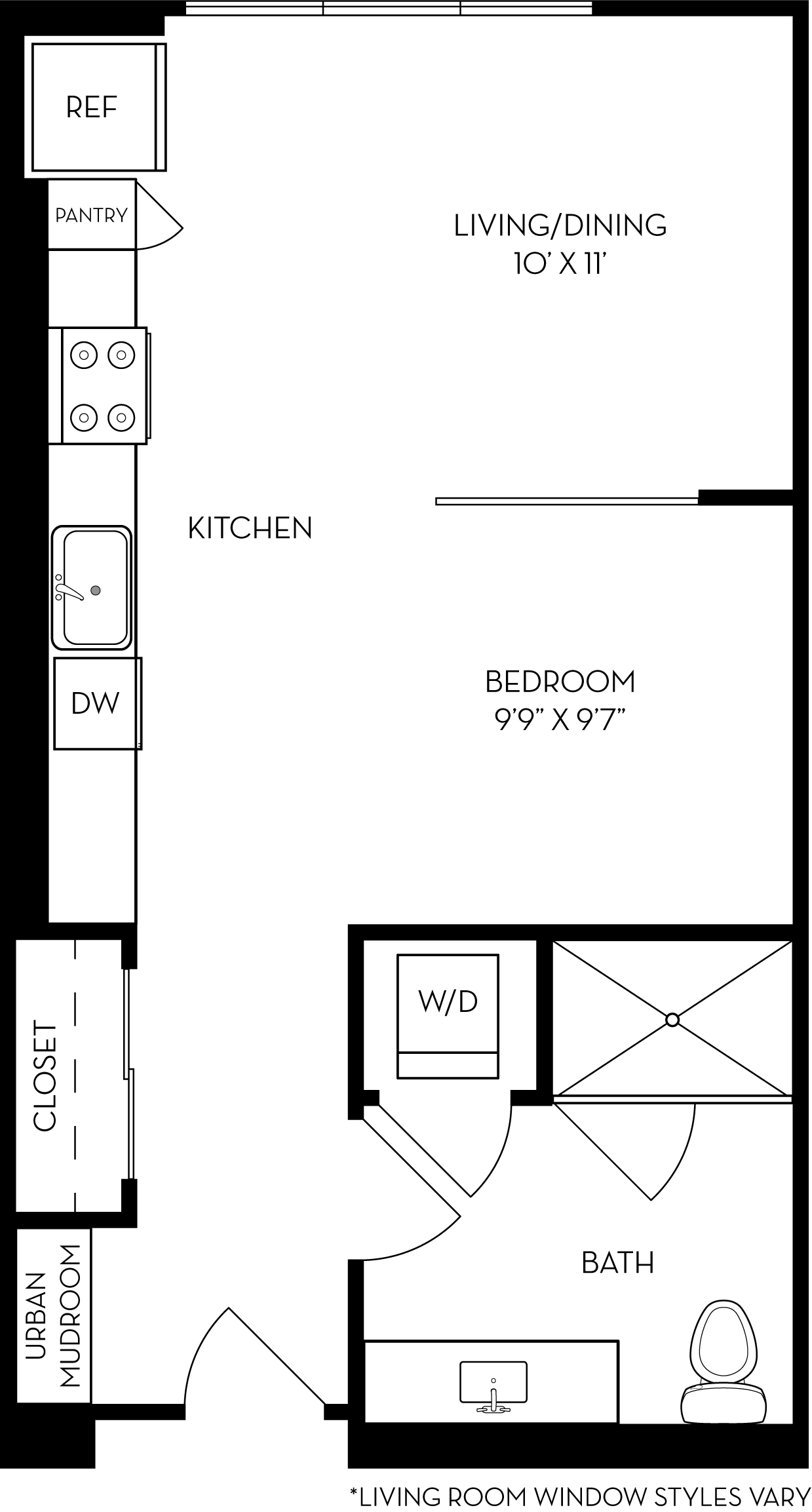 Rendering of the SA floor plan with a Studio bedroom and 1 bathroom[s] at The Wyatt