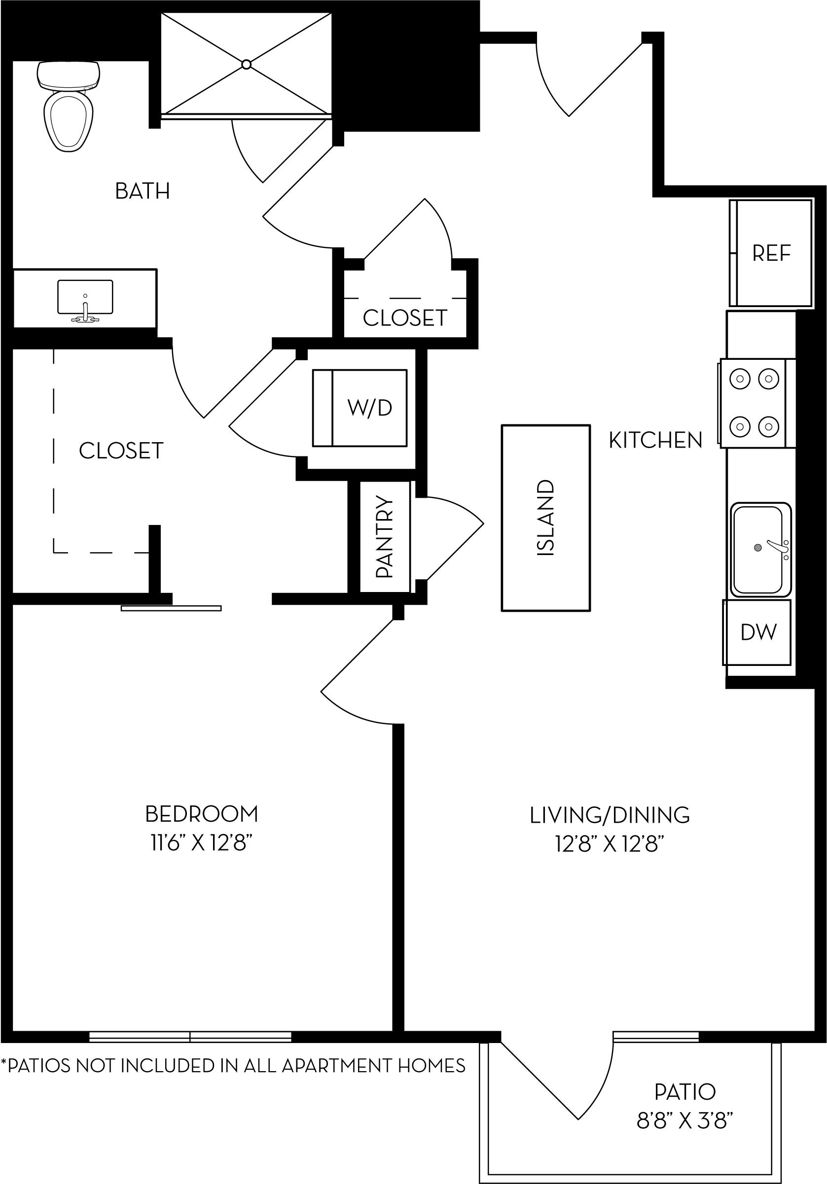Rendering of the 1A2 floor plan with 1 bedroom[s] and 1 bathroom[s] at The Wyatt