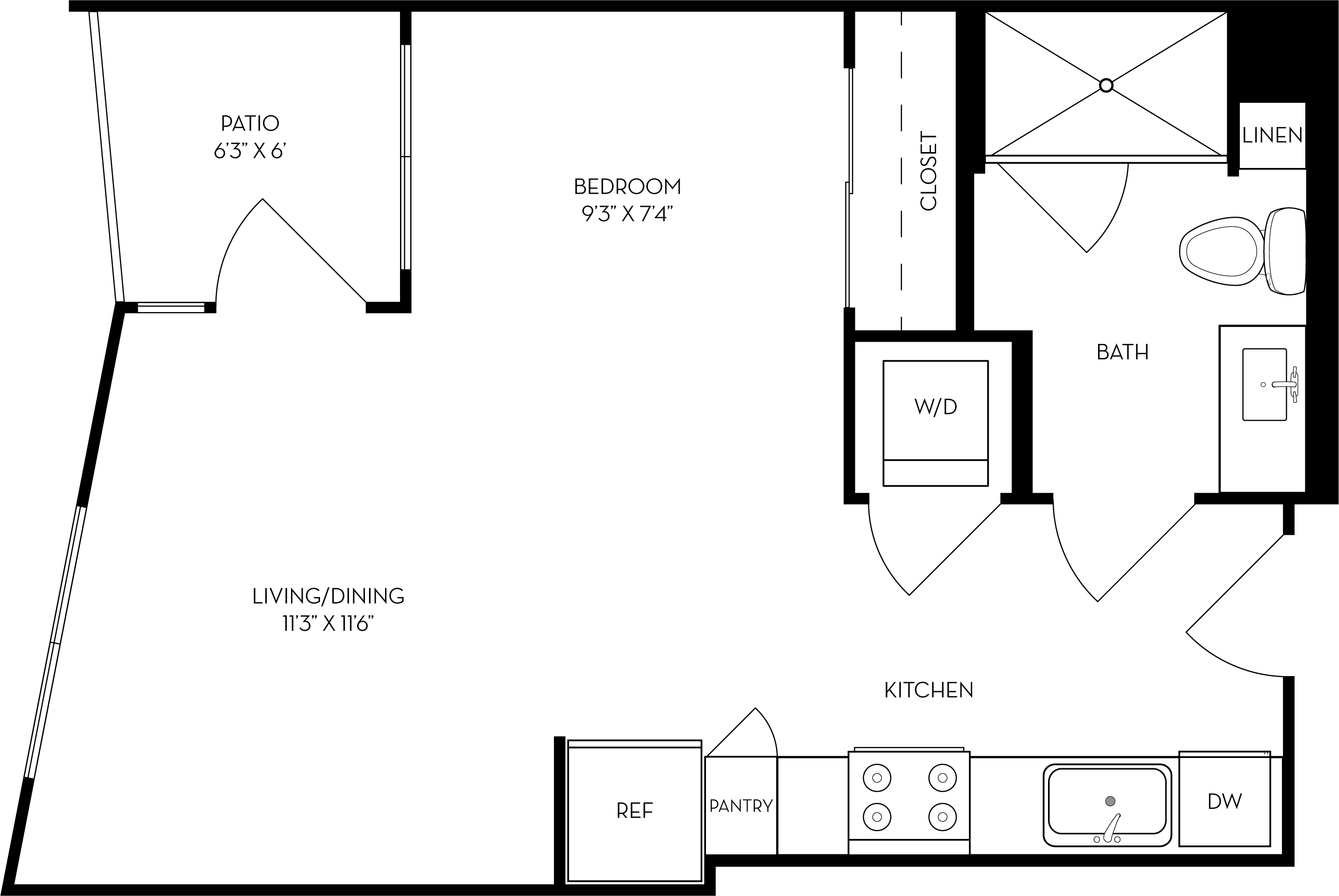 Rendering of the SF floor plan with a Studio bedroom and 1 bathroom[s] at The Wyatt