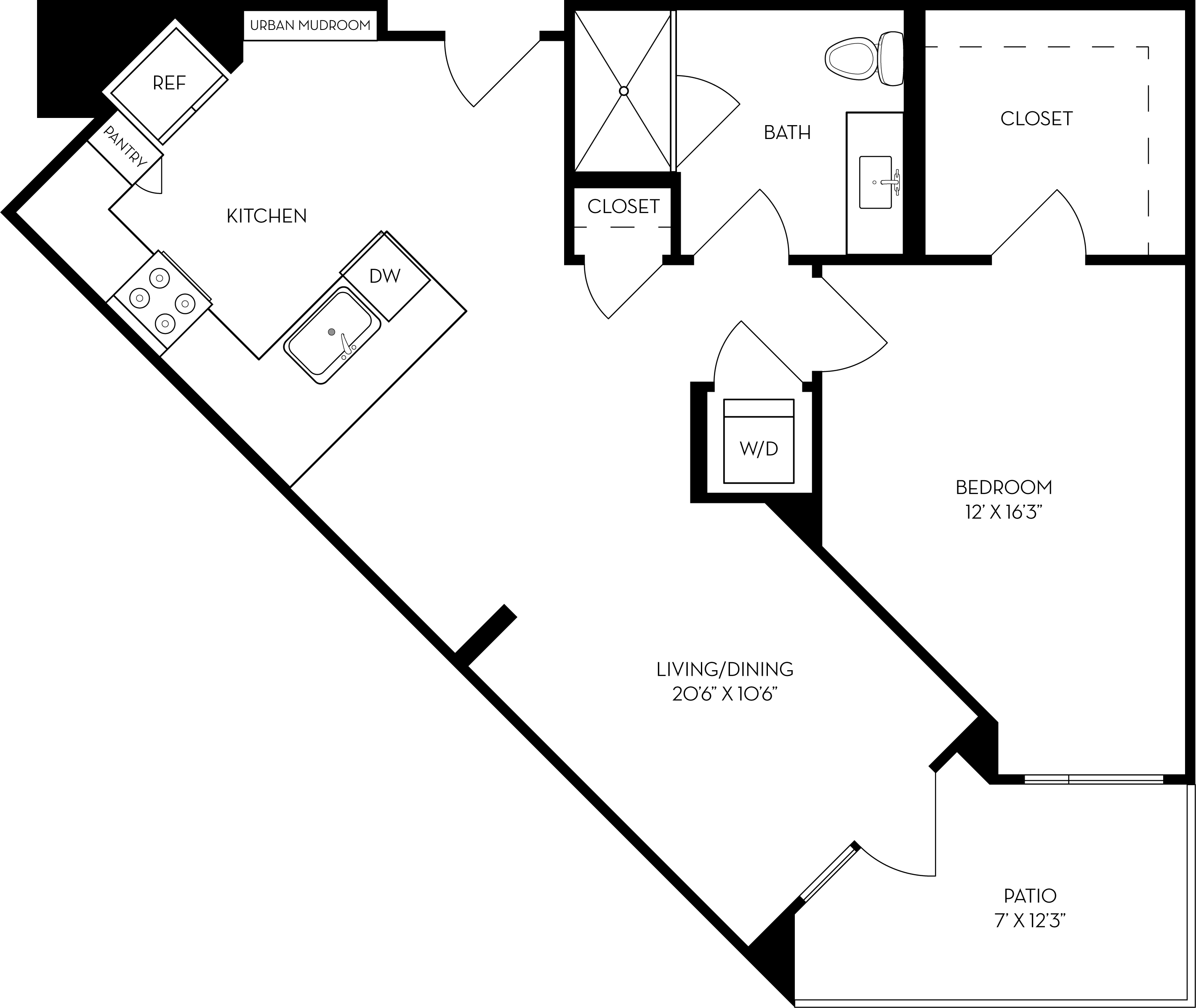 Rendering of the 1C1 floor plan with 1 bedroom[s] and 1 bathroom[s] at The Wyatt