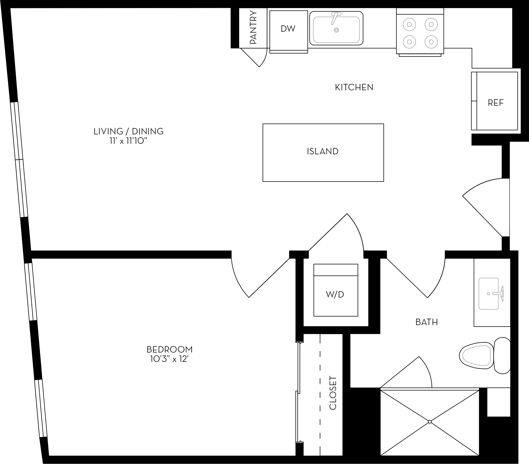 Rendering of the 1K floor plan with 1 bedroom[s] and 1 bathroom[s] at The Wyatt