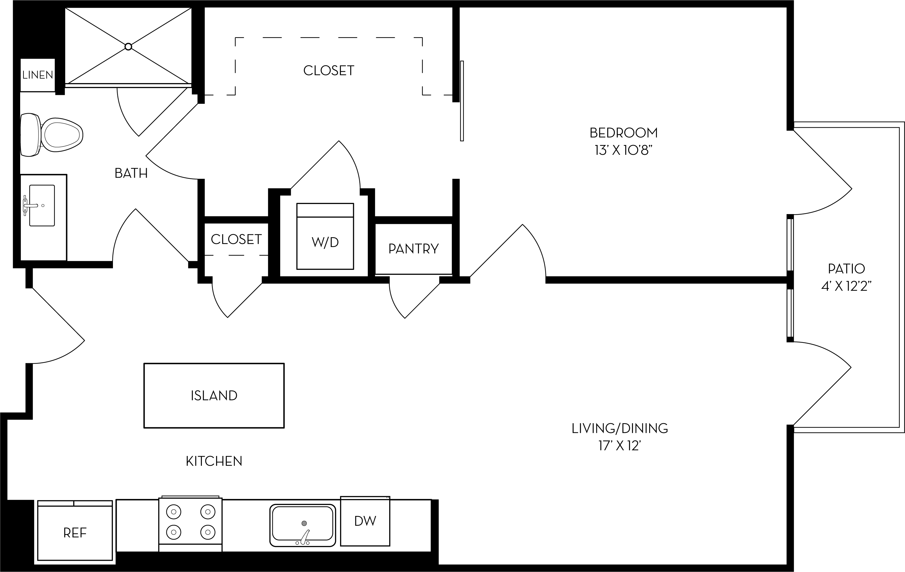 Rendering of the 1J floor plan with 1 bedroom[s] and 1 bathroom[s] at The Wyatt