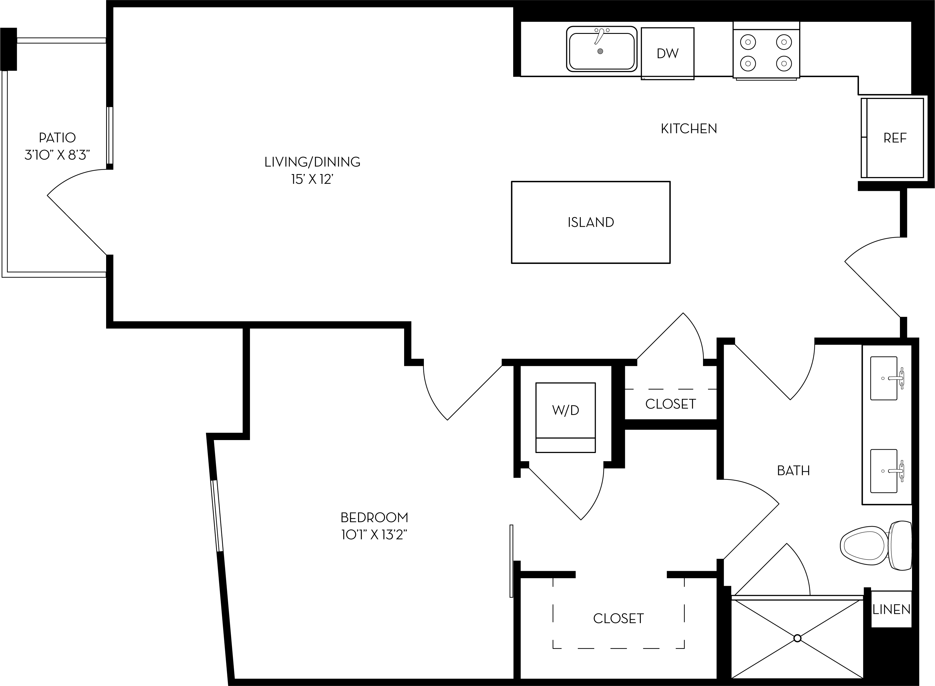 Rendering of the 1F floor plan with 1 bedroom[s] and 1 bathroom[s] at The Wyatt