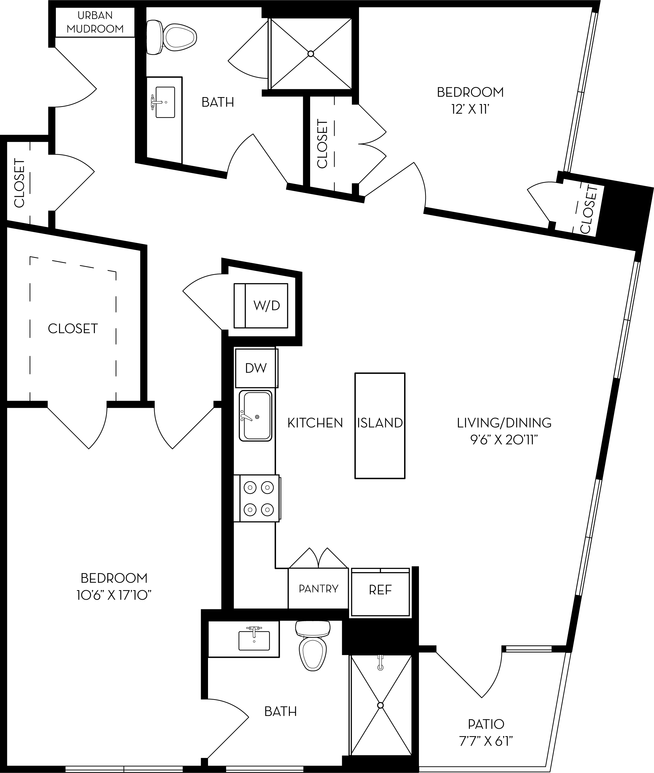 Rendering of the 2J floor plan with 2 bedroom[s] and 2 bathroom[s] at The Wyatt