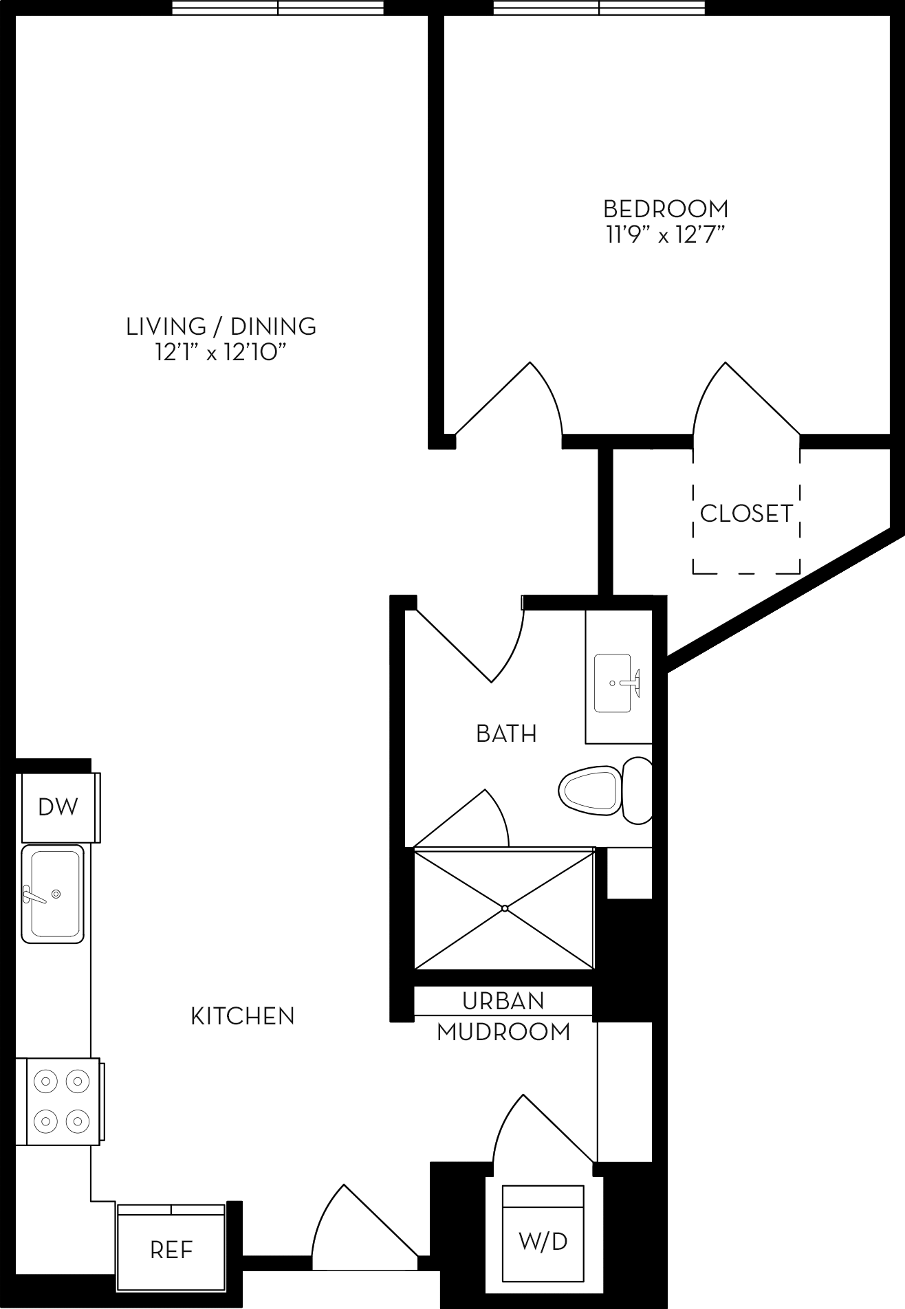 Rendering of the 1B1 floor plan with 1 bedroom[s] and 1 bathroom[s] at The Wyatt
