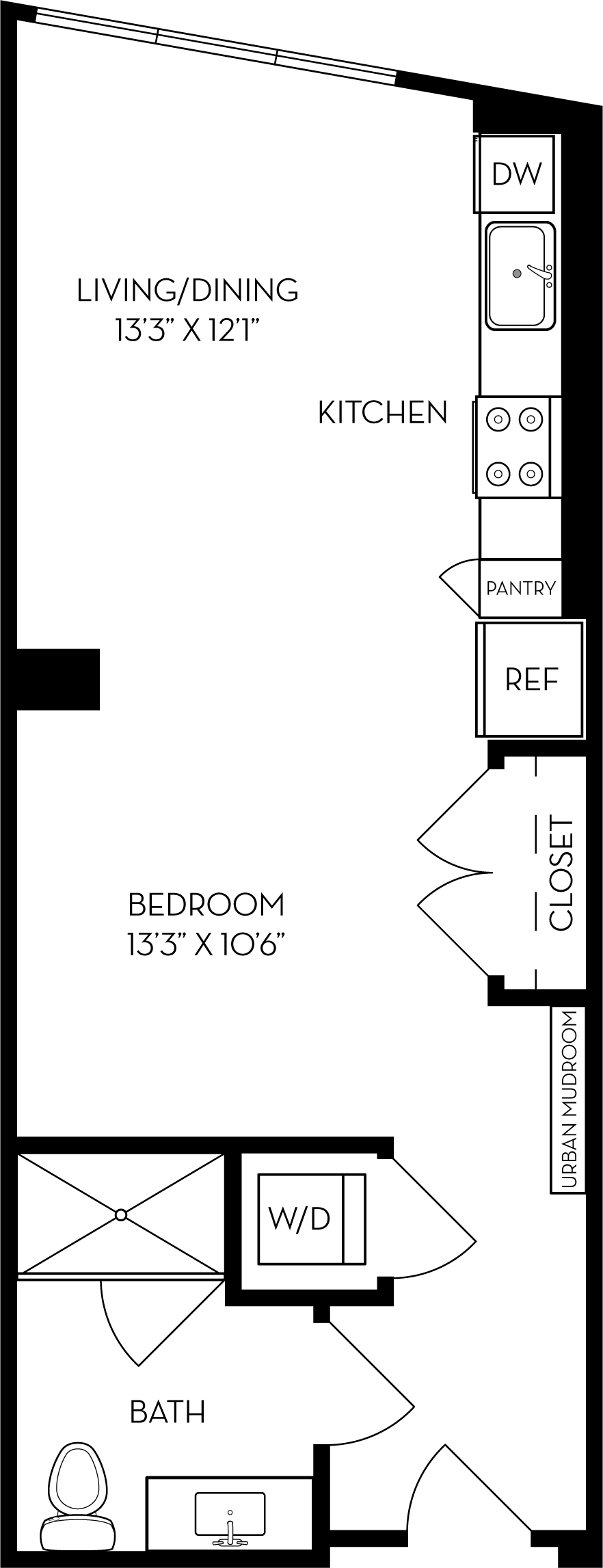 Rendering of the SB3 floor plan with a Studio bedroom and 1 bathroom[s] at The Wyatt