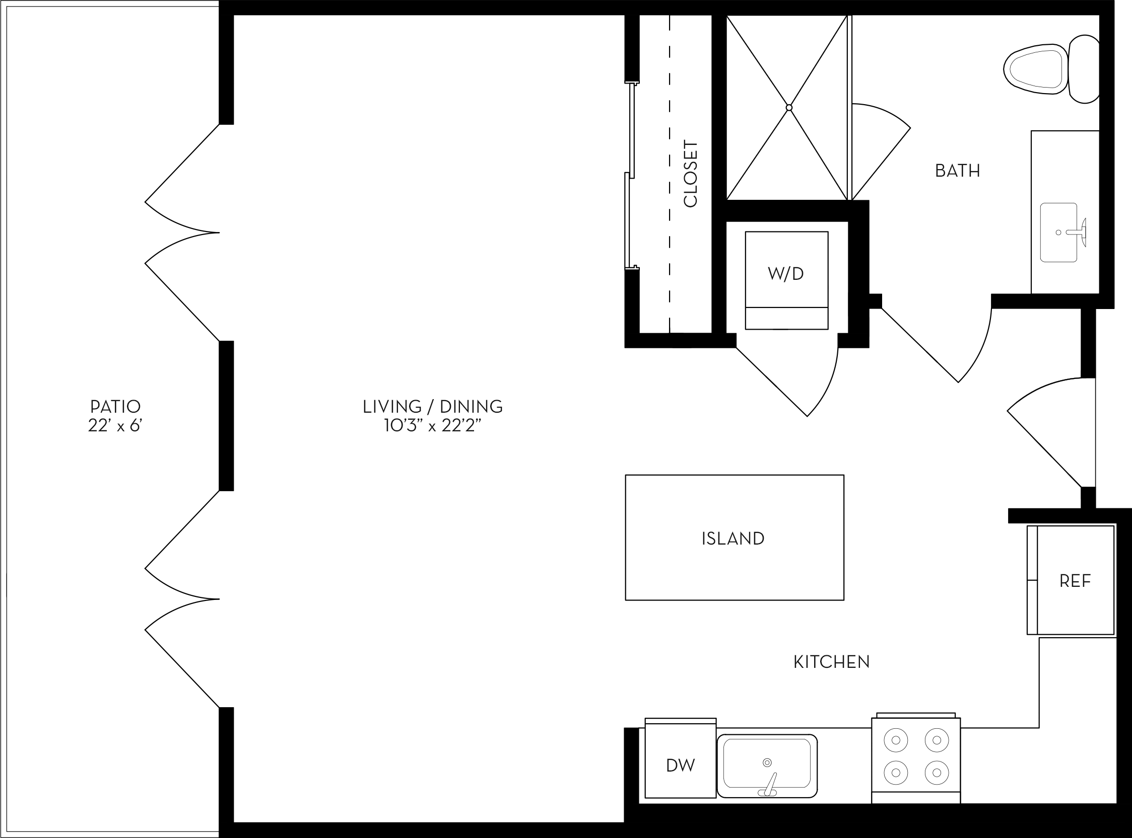 Rendering of the SJ floor plan with a Studio bedroom and 1 bathroom[s] at The Wyatt