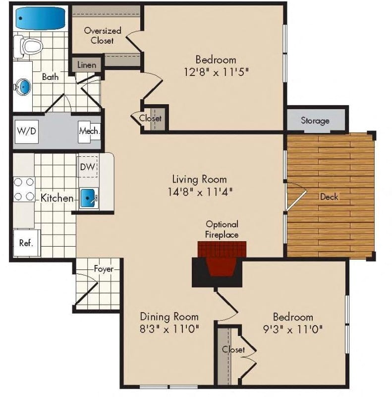 2 Bedroom/1 Bath - 860 square feet floor plan