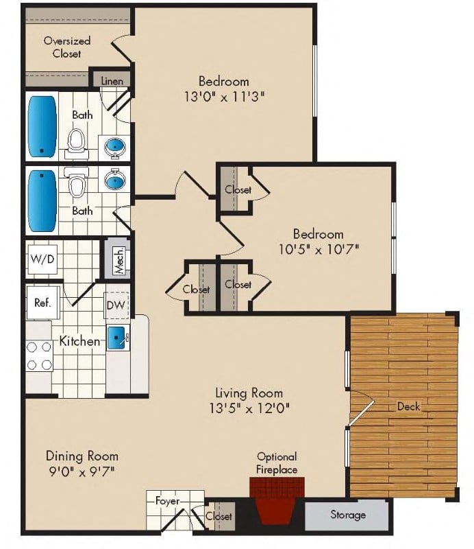 2 Bedroom/2 Bath - 950 square feet floor plan
