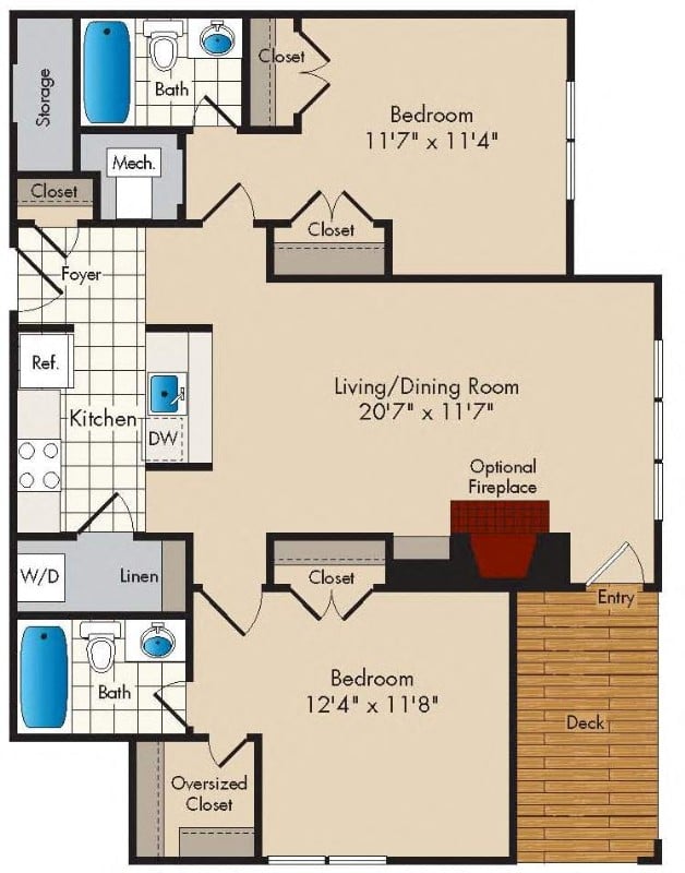 2 Bedroom/2 Bath - 962 square feet floor plan