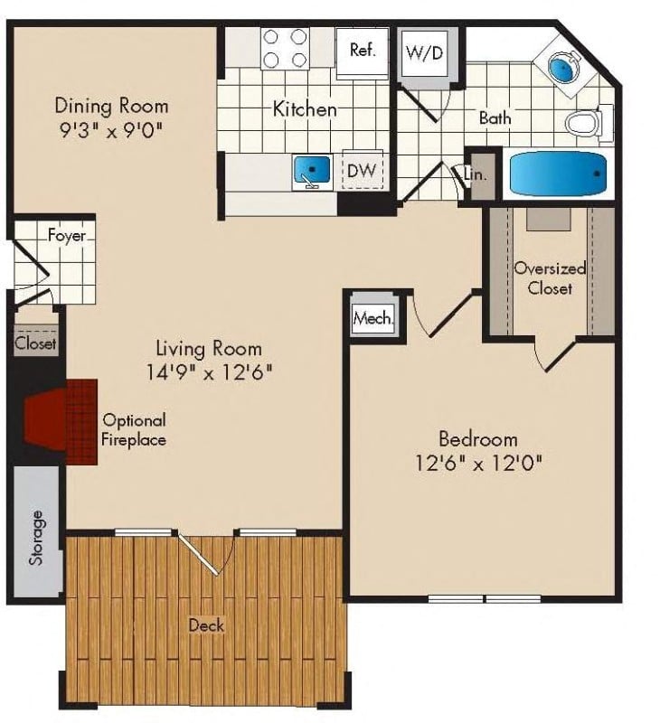 1 Bedroom/1 Bath - 735 square feet floor plan