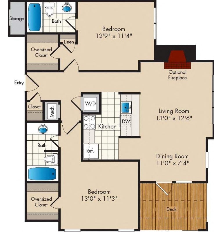 2 Bedroom/2 Bath - 1018 square feet floor plan