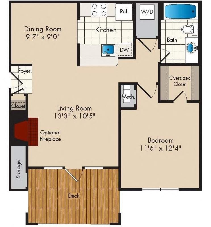1 Bedroom/1 Bath - 723 square feet floor plan