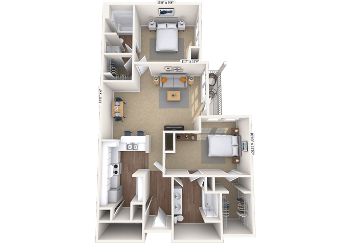 Traditional 2x2 1214 SF floor plan