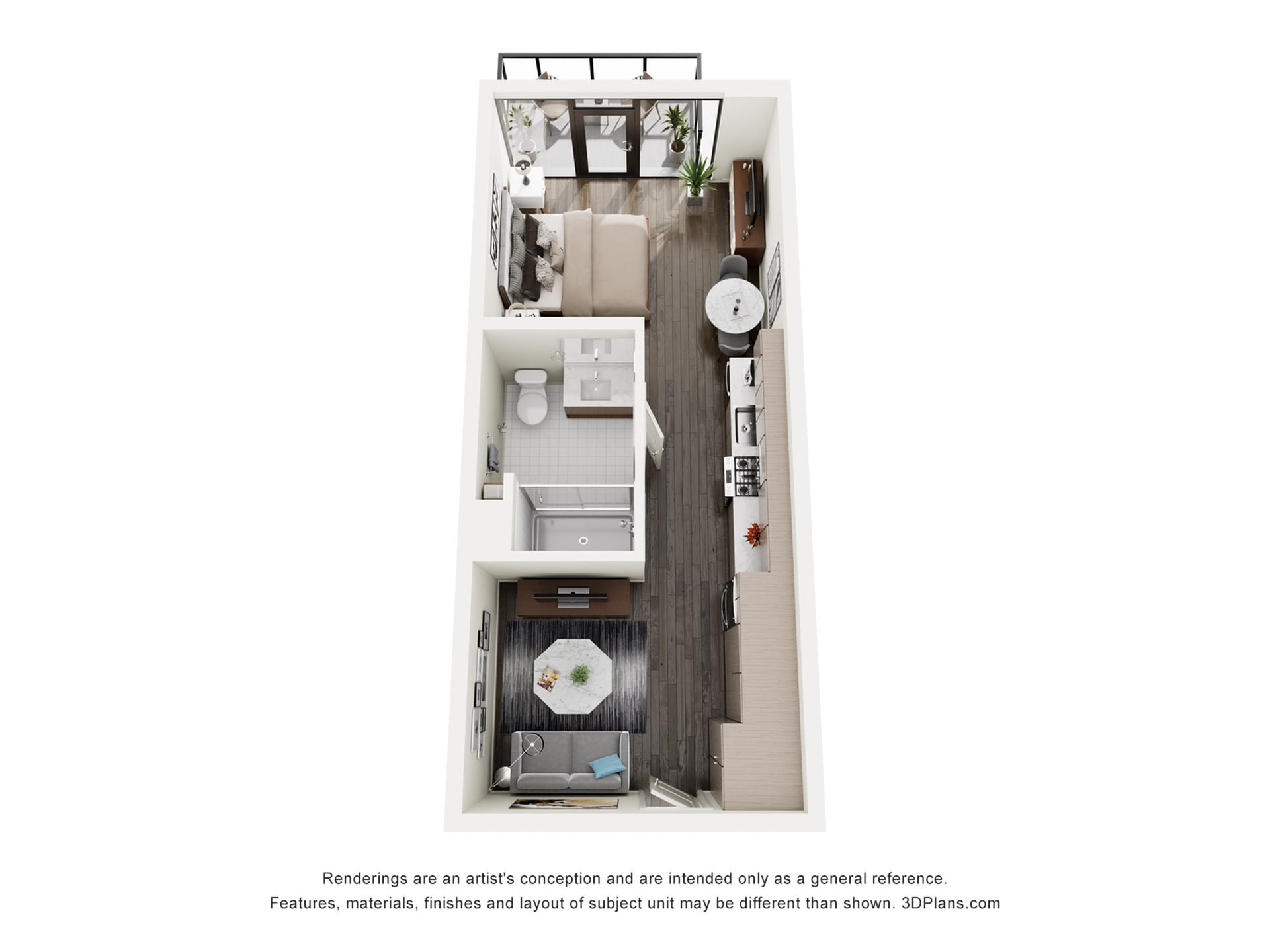 Rendering of the S1 floor plan with a Studio bedroom and 1 bathroom[s] at The Lindley