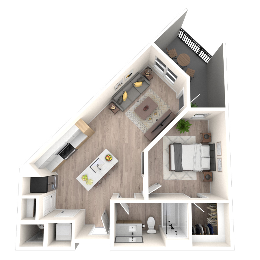 Rendering of the 1B floor plan with 1 bedroom[s] and 1 bathroom[s] at temponinemileapts