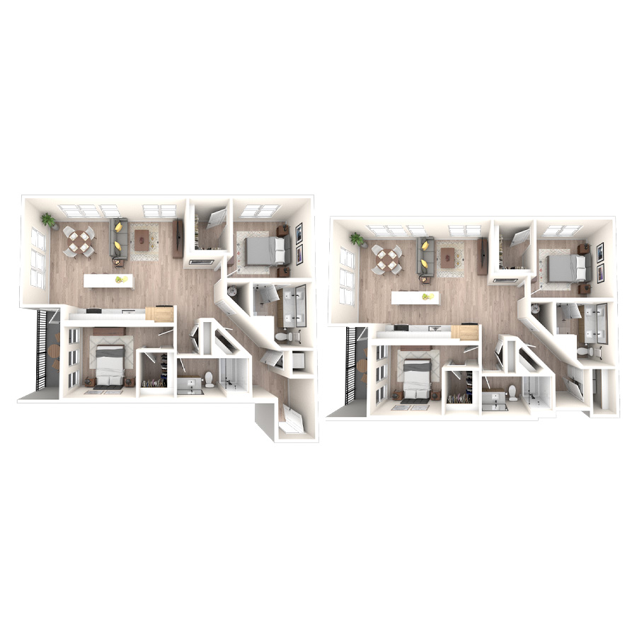 Rendering of the 2G.1 floor plan with 2 bedroom[s] and 2 bathroom[s] at temponinemileapts