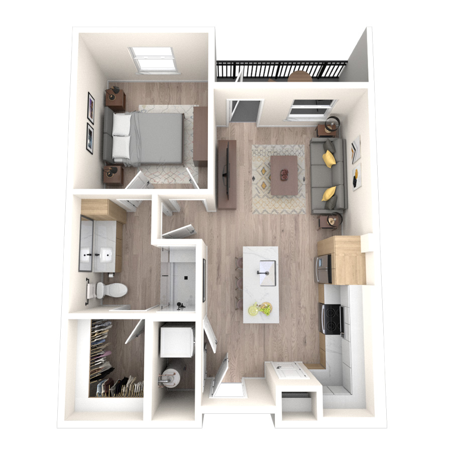 Rendering of the 1A floor plan with 1 bedroom[s] and 1 bathroom[s] at temponinemileapts