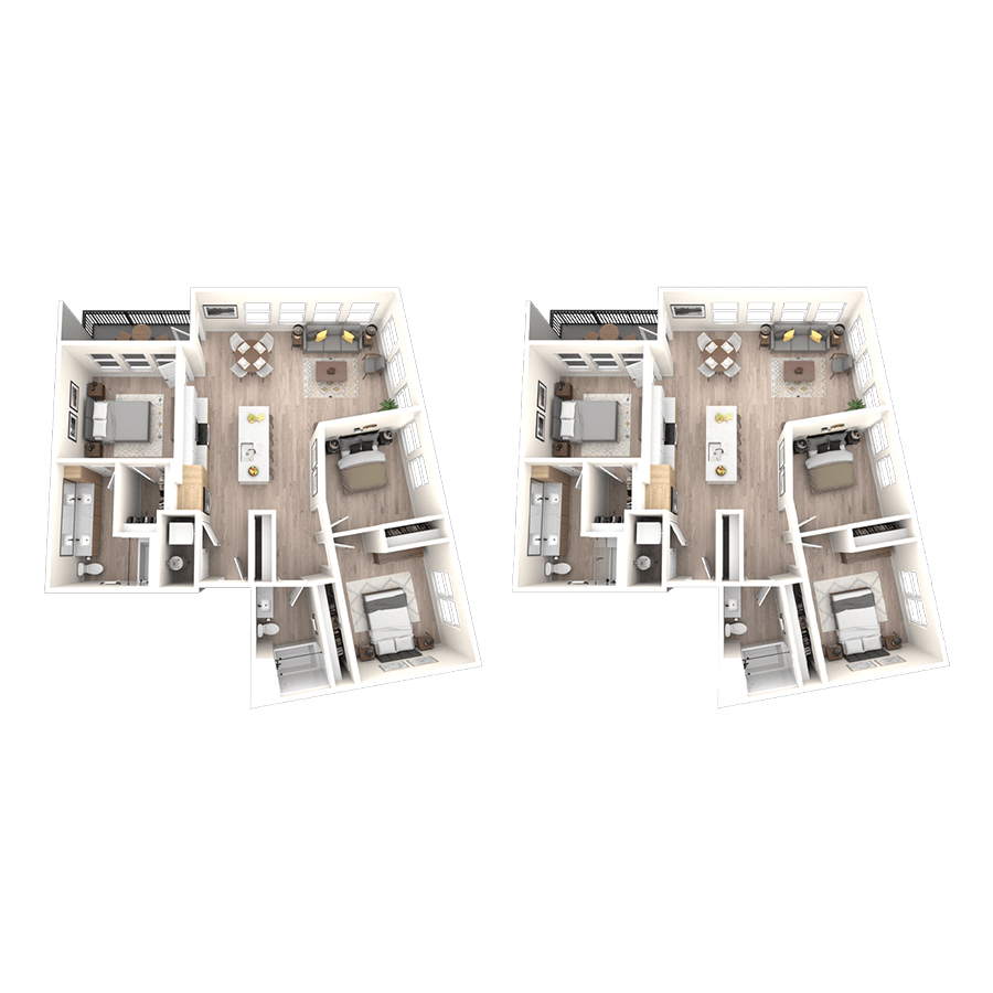 Rendering of the 3A.A floor plan with 3 bedroom[s] and 2 bathroom[s] at temponinemileapts