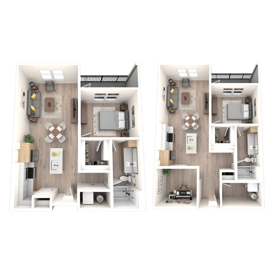 Rendering of the 1D.1 floor plan with 1 bedroom[s] and 1 bathroom[s] at temponinemileapts