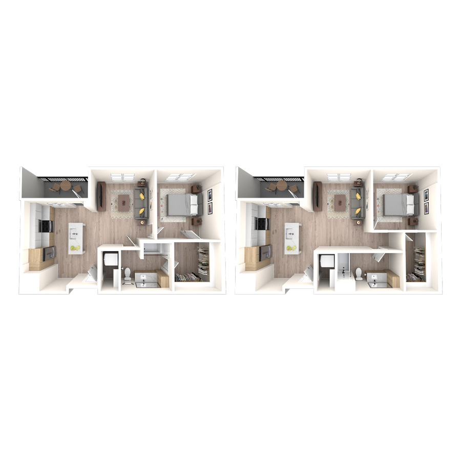 Rendering of the 1E floor plan with 1 bedroom[s] and 1 bathroom[s] at temponinemileapts