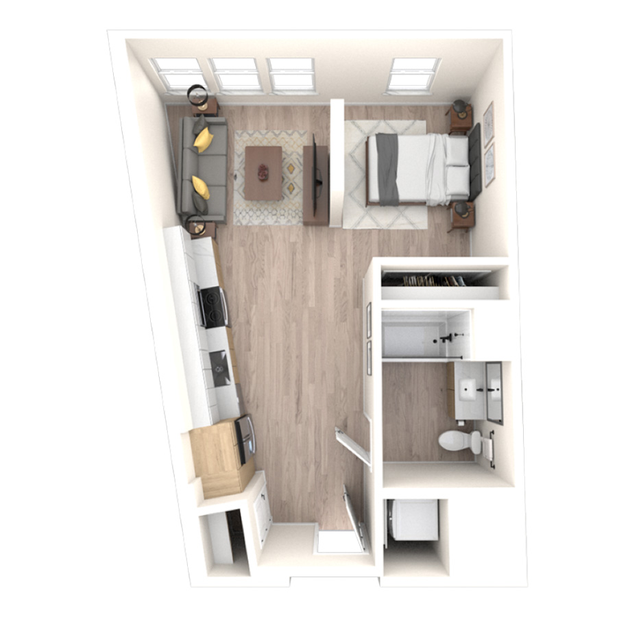 Rendering of the 0B.A floor plan with a Studio bedroom and 1 bathroom[s] at temponinemileapts