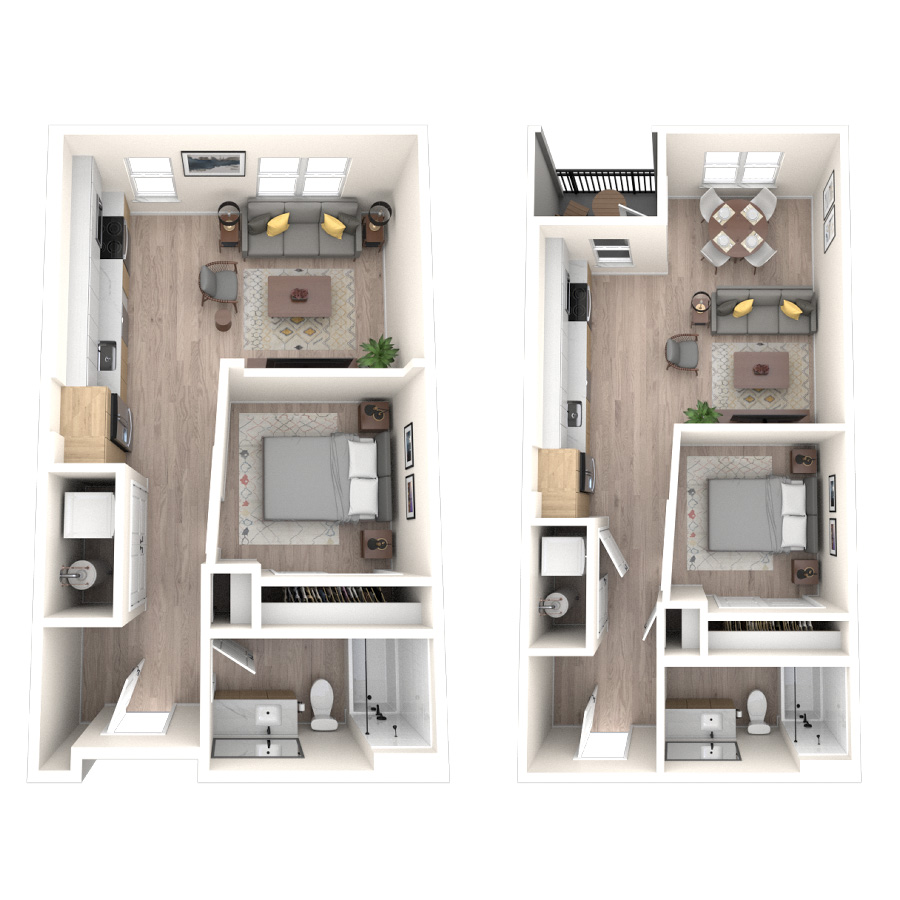 Rendering of the 0C floor plan with a Studio bedroom and 1 bathroom[s] at temponinemileapts