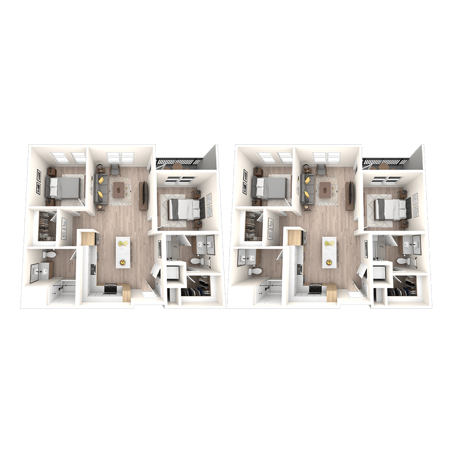 Rendering of the 2C.A floor plan with 2 bedroom[s] and 2 bathroom[s] at temponinemileapts