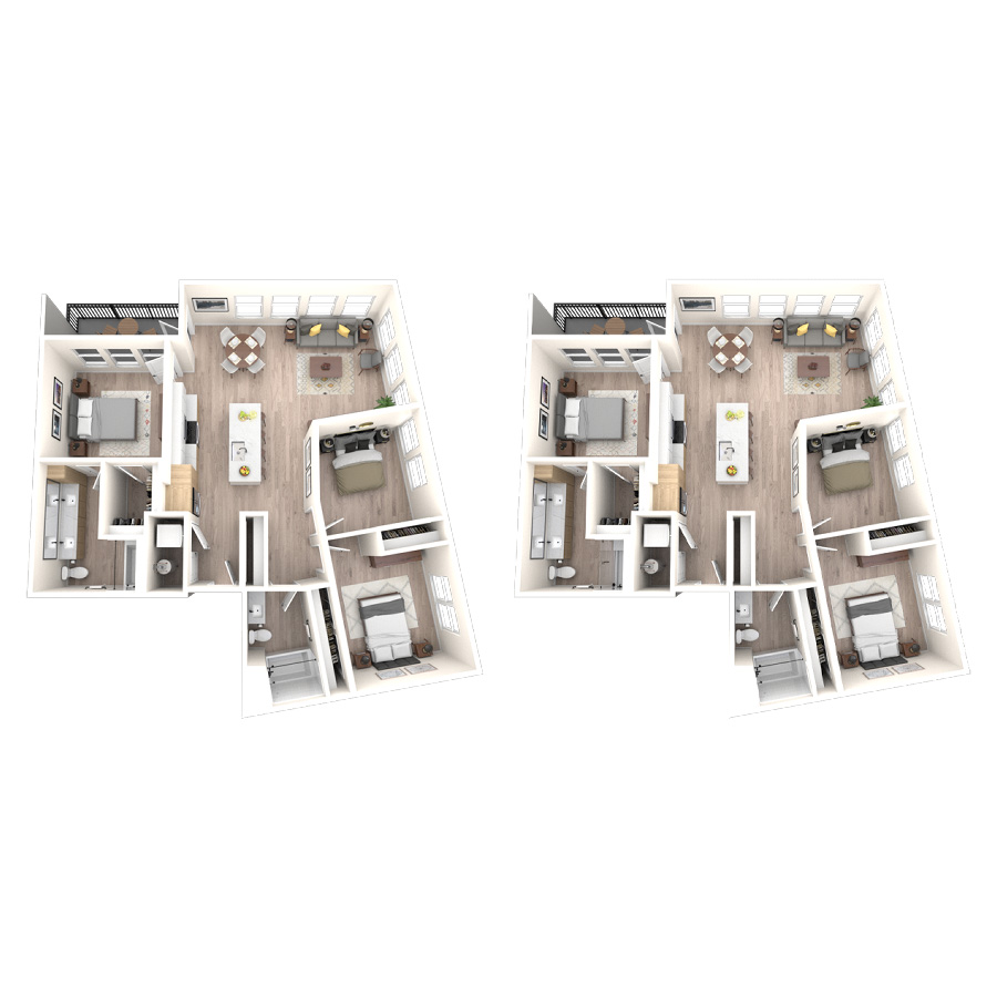 Rendering of the 3A floor plan with 3 bedroom[s] and 2 bathroom[s] at temponinemileapts