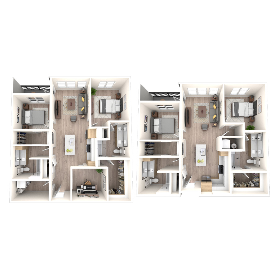 Rendering of the 2A.1 floor plan with 2 bedroom[s] and 2 bathroom[s] at temponinemileapts