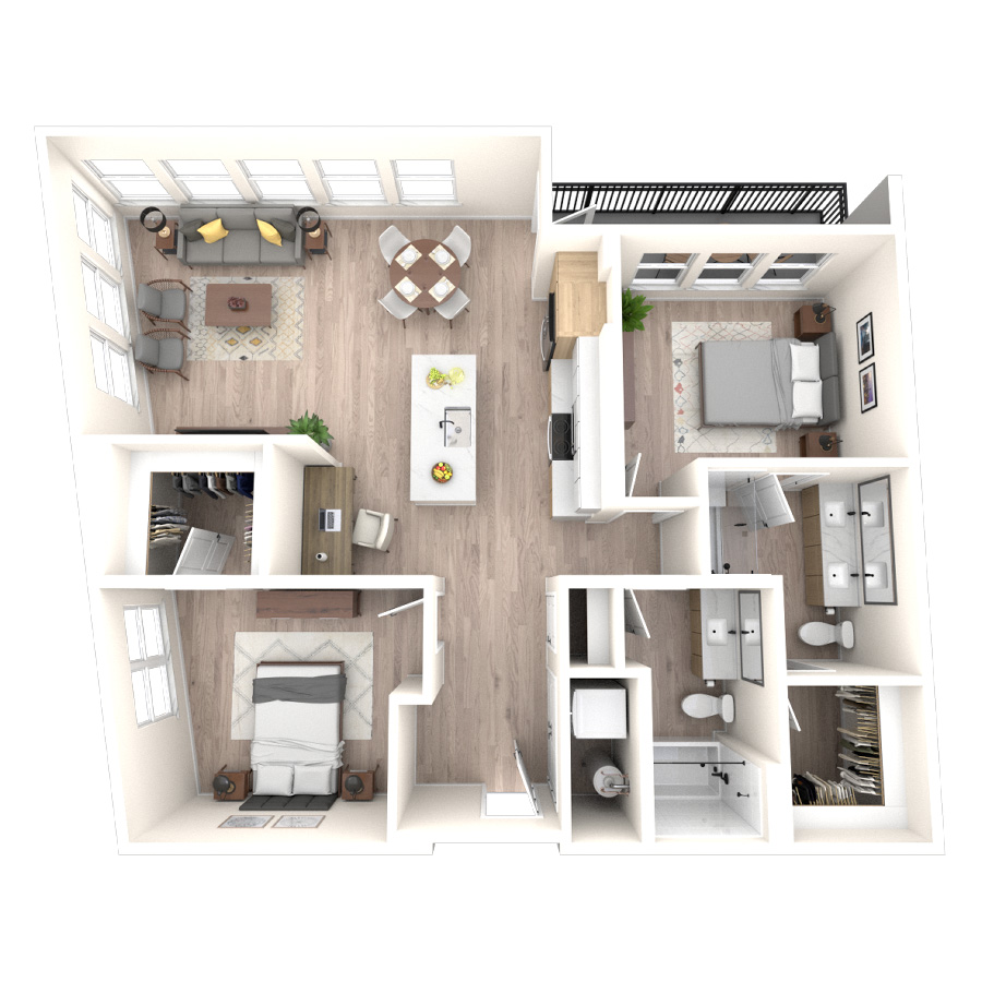 Rendering of the 2E floor plan with 2 bedroom[s] and 2 bathroom[s] at temponinemileapts